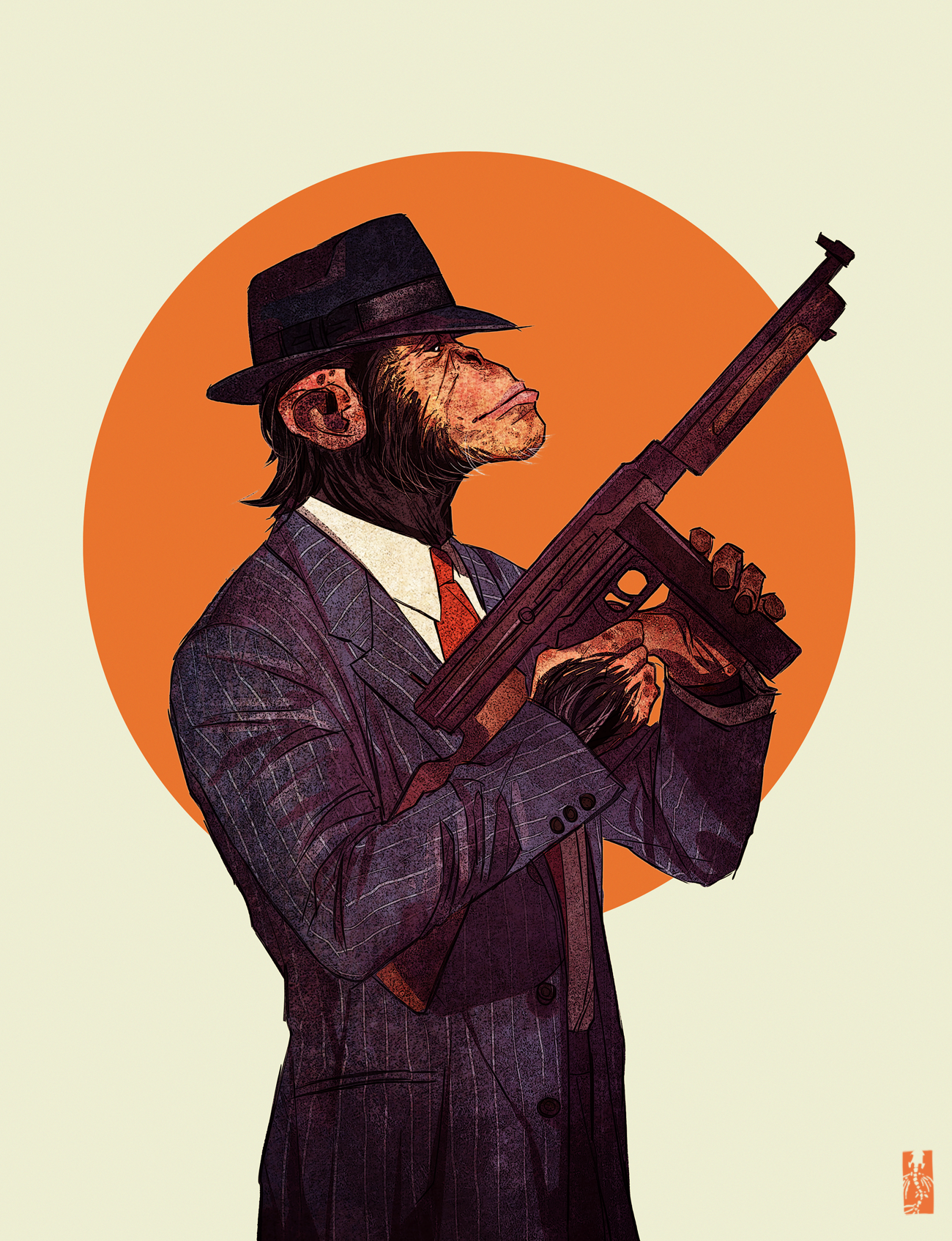 Chimpanzee in a suit holding a Tommy gun HD Wallpaper