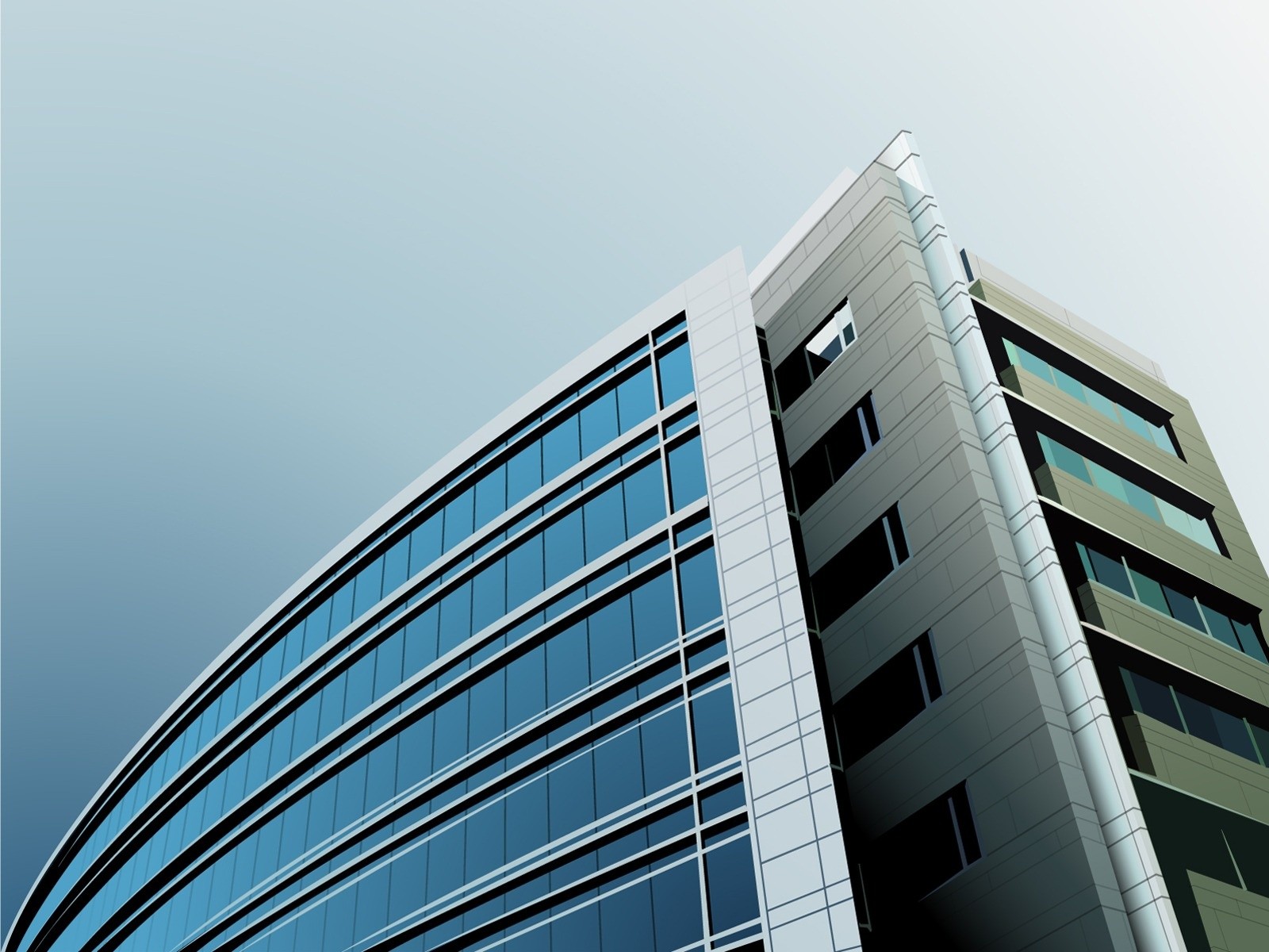 Modern office building with glass facade against a clear sky HD Wallpaper