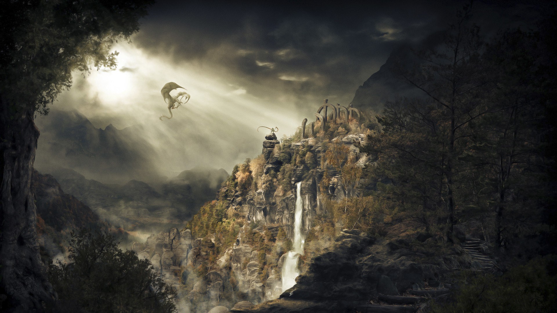 Dragon flying in a misty mountain landscape HD Wallpaper
