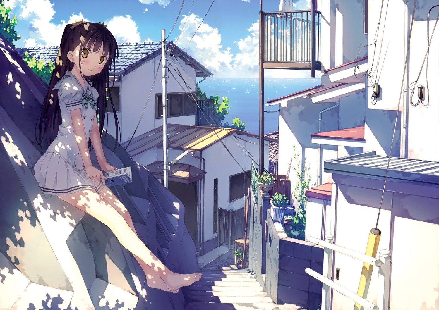 Nagisa (Kantoku) reading in a sunny sea village HD Wallpaper