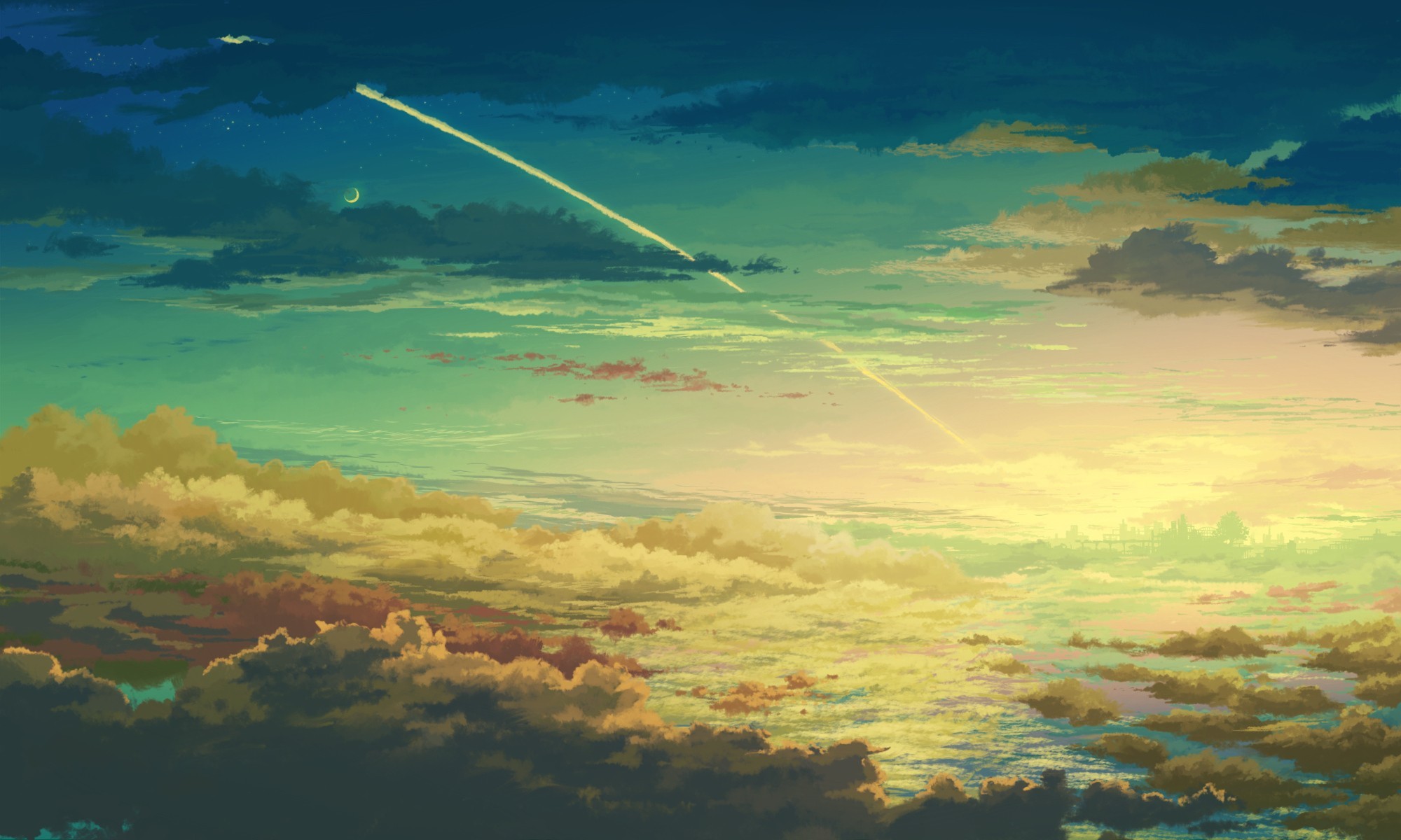 Anime sky with clouds at sunset HD Wallpaper