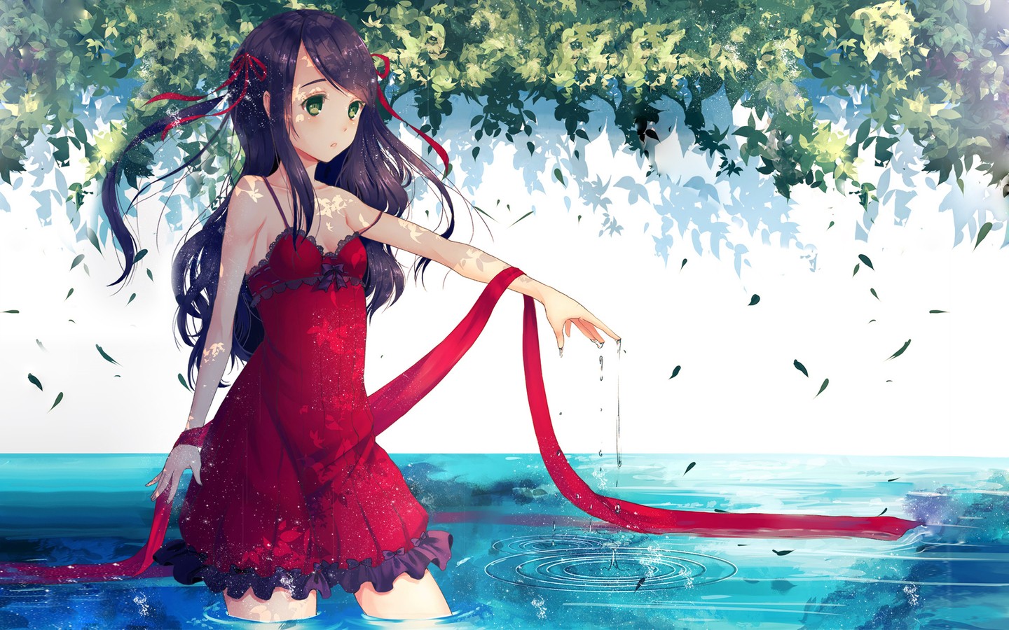 Anime girl in red dress in water with leaves HD Wallpaper