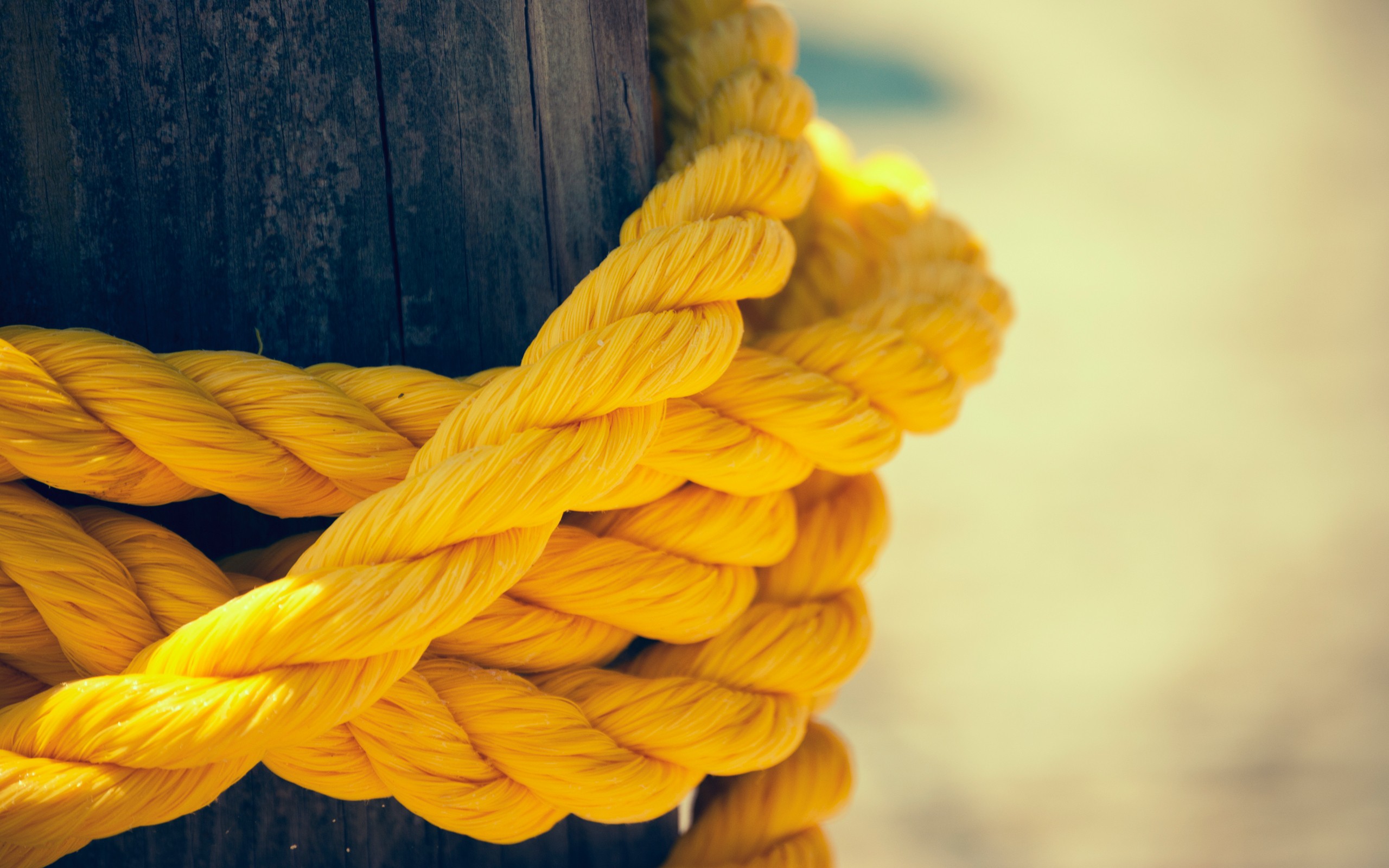 Thick yellow rope tied around a wooden post HD Wallpaper