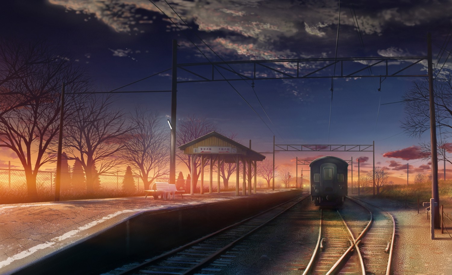Anime train station at sunset with a train HD Wallpaper
