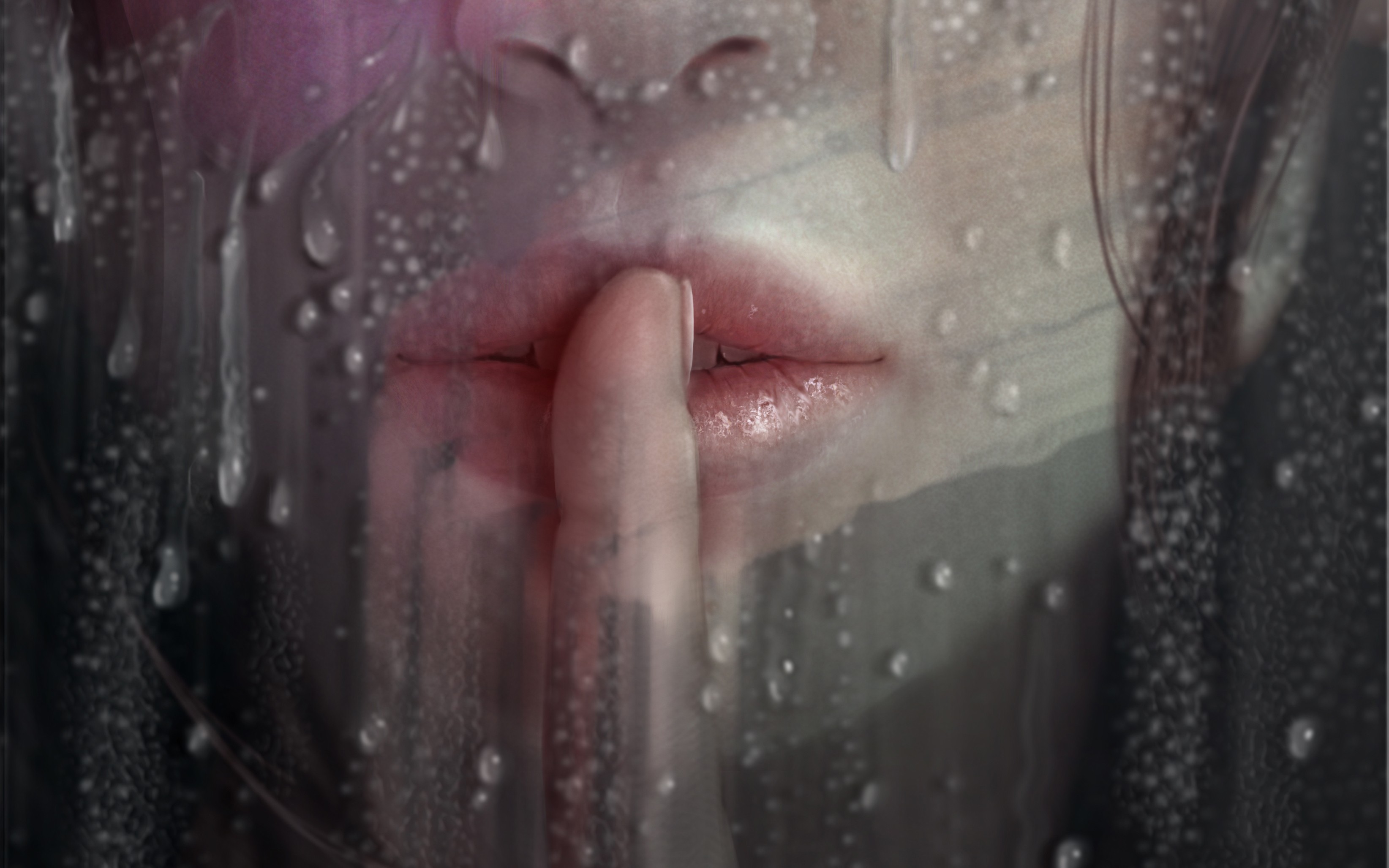 Woman with finger on lips behind wet glass HD Wallpaper