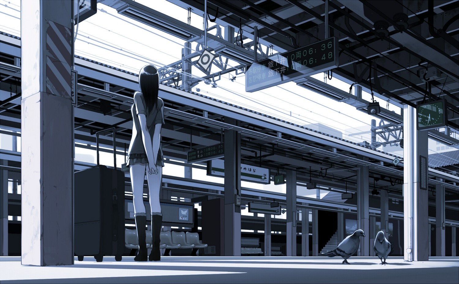 Anime girl waiting at a train station with pigeons HD Wallpaper
