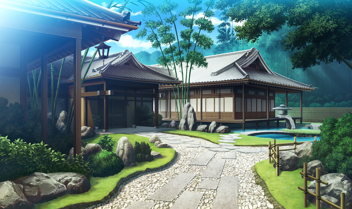 Japanese garden with traditional houses and bamboo HD Wallpaper