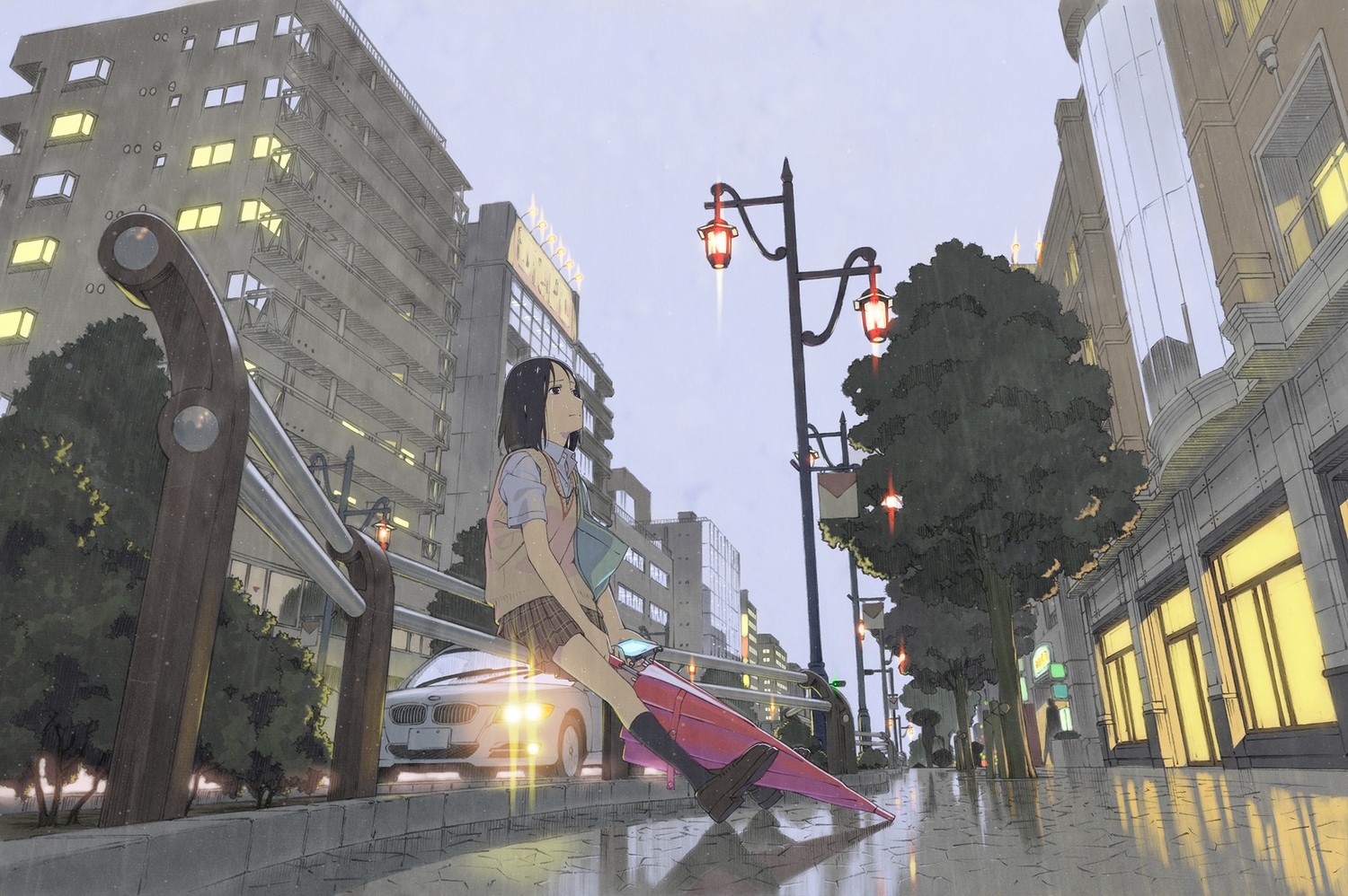 Anime schoolgirl waiting in the rain in a city HD Wallpaper