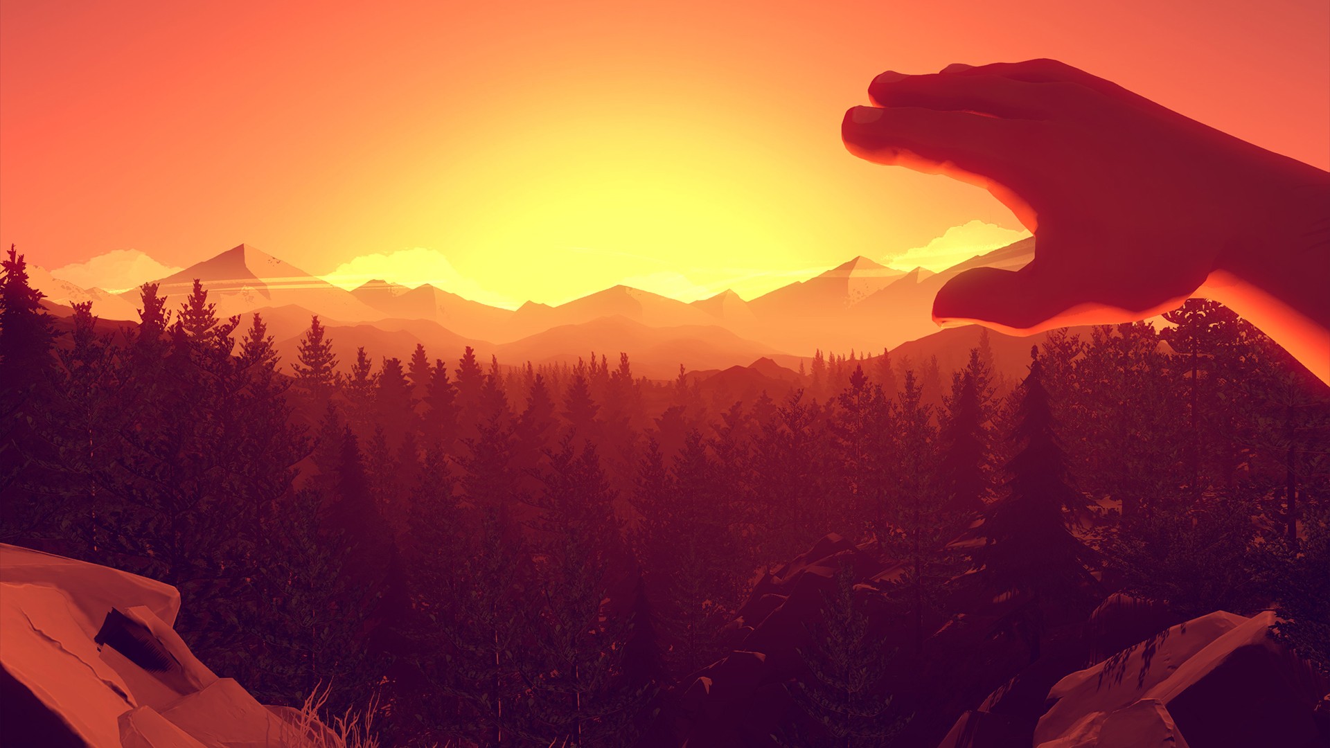 Firewatch artwork of a hand reaching towards a sunset over mountains HD Wallpaper