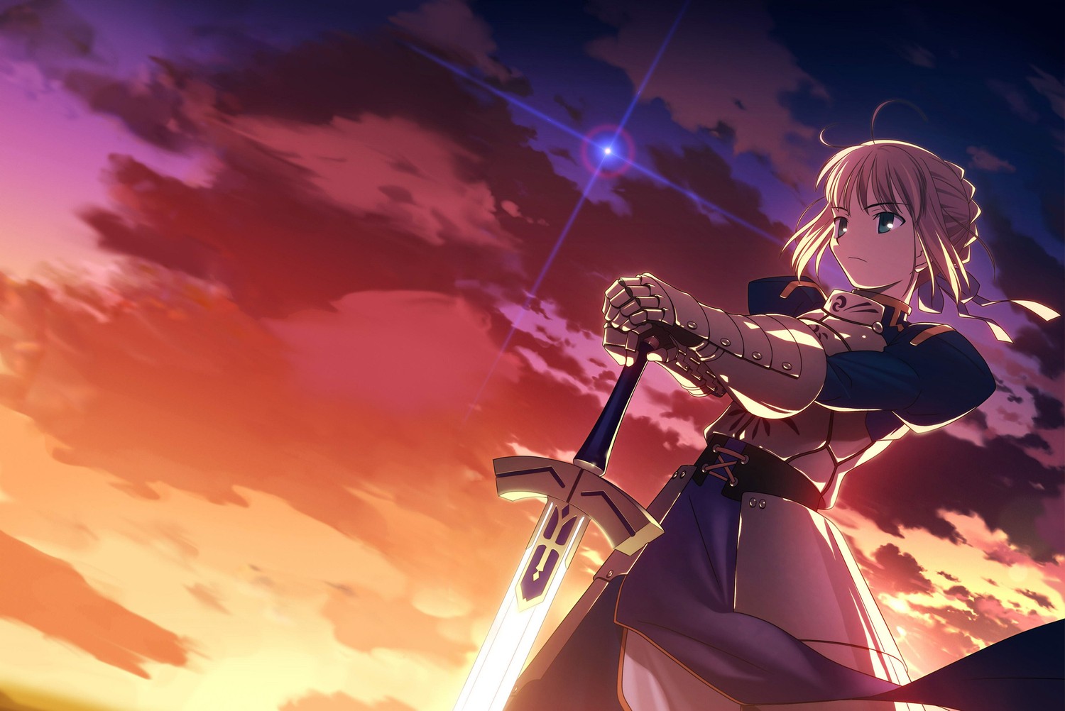 Saber from Fate/Stay Night with Sword at Sunset HD Wallpaper