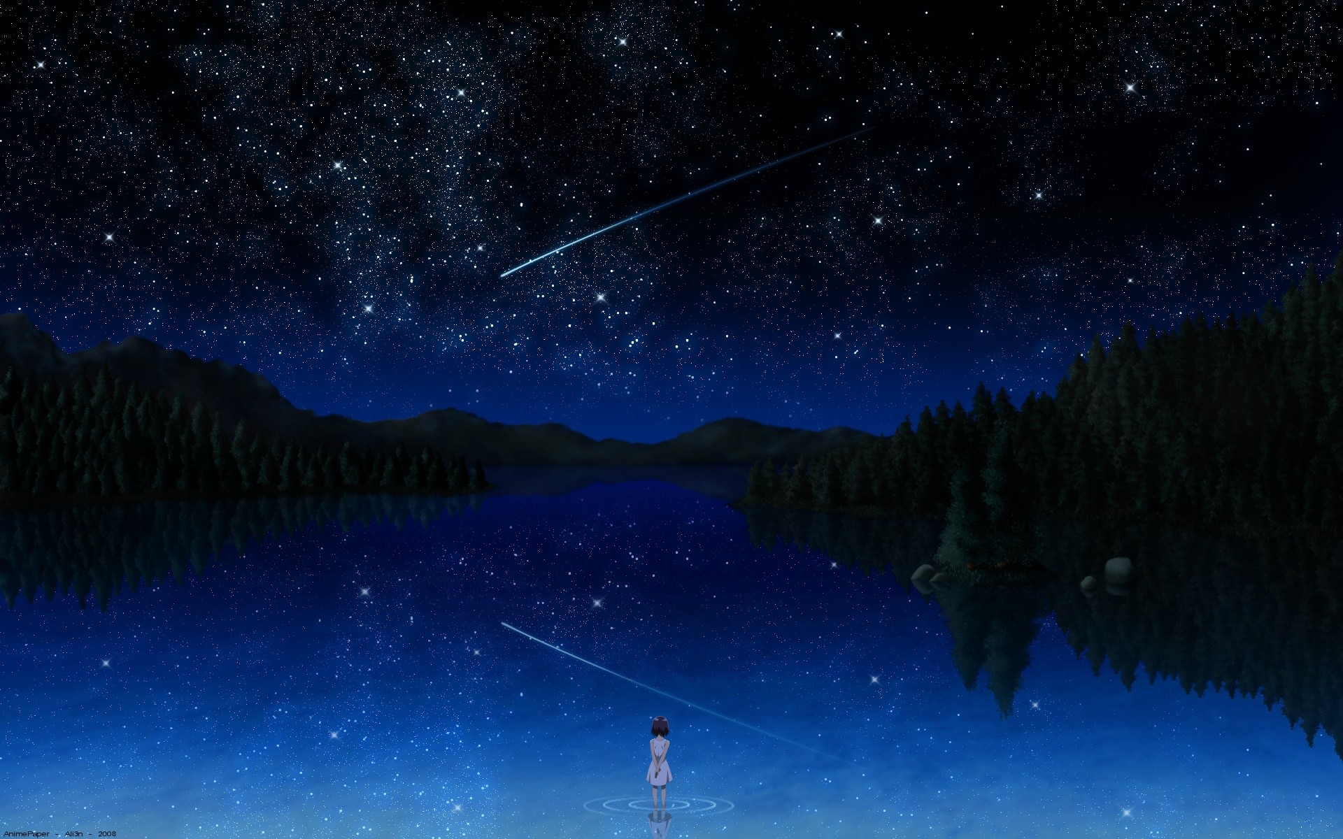 Anime girl watches shooting stars over a lake at night HD Wallpaper