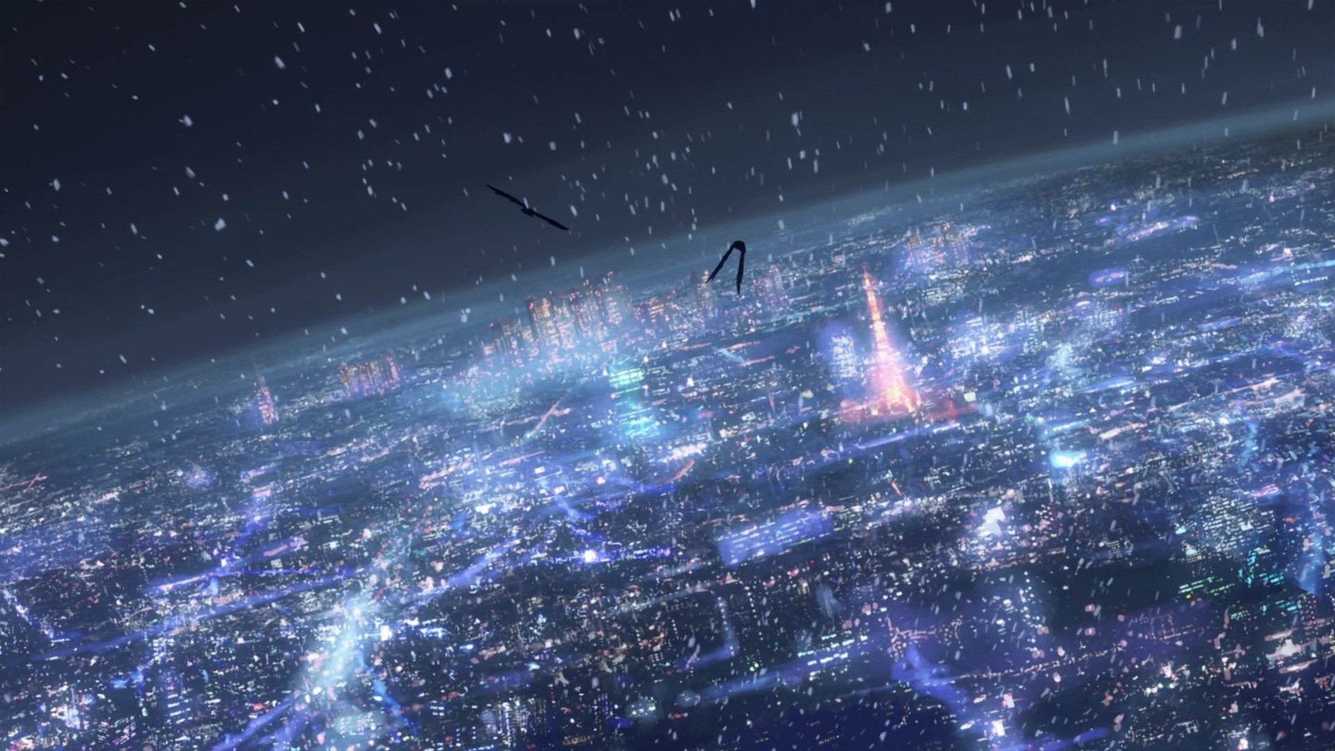 Anime cityscape with flying figures and snow HD Wallpaper