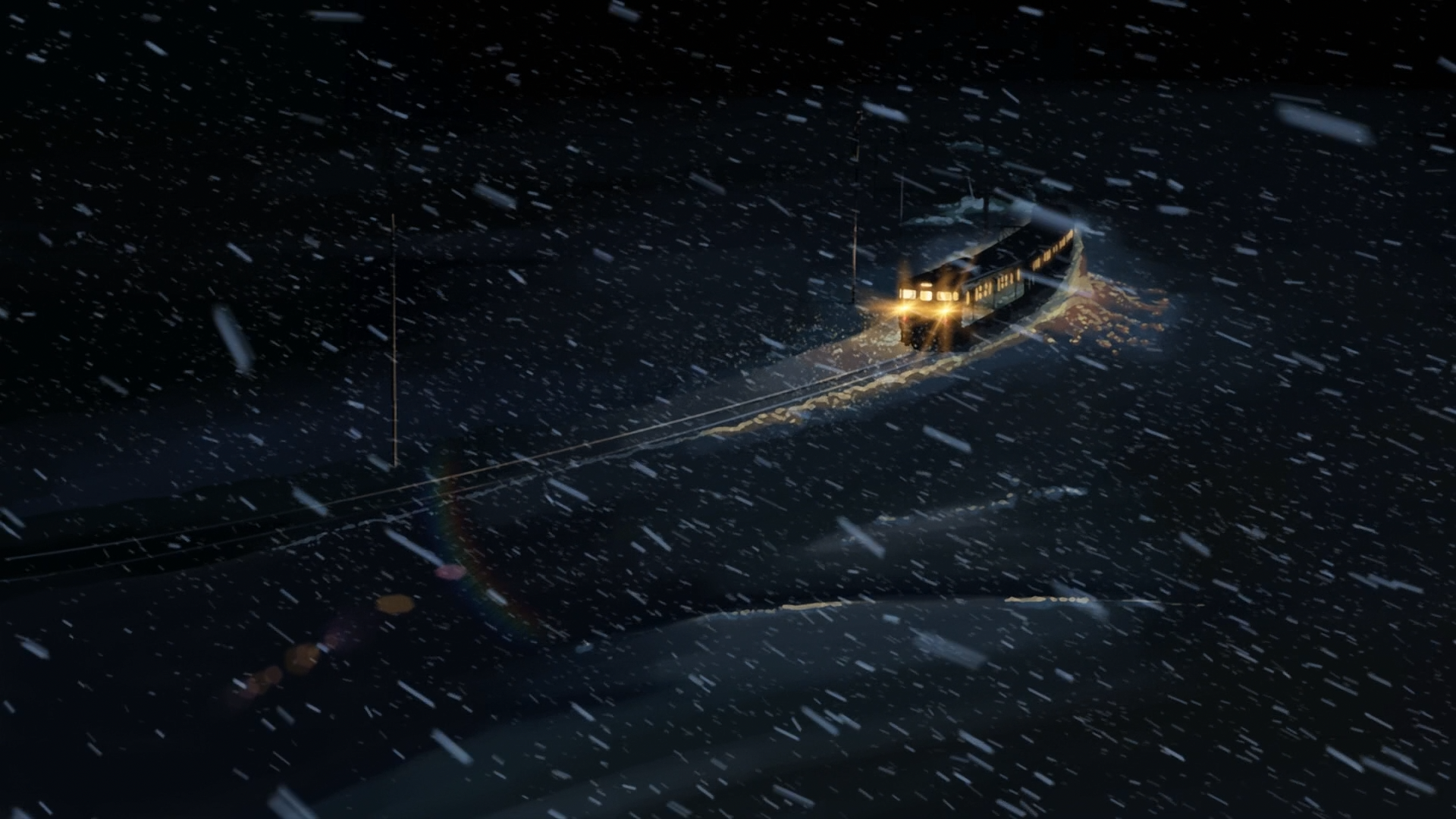 Anime train in a snowstorm at night HD Wallpaper