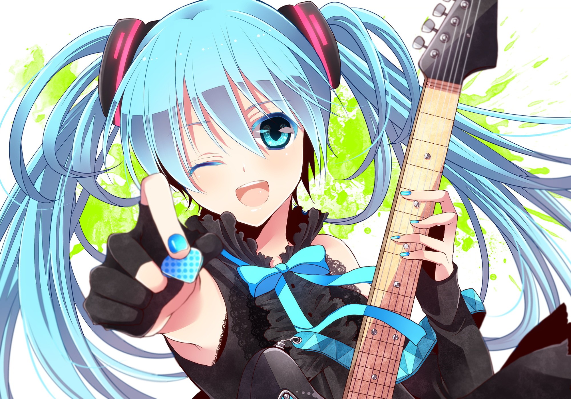 Hatsune Miku playing a guitar and winking HD Wallpaper