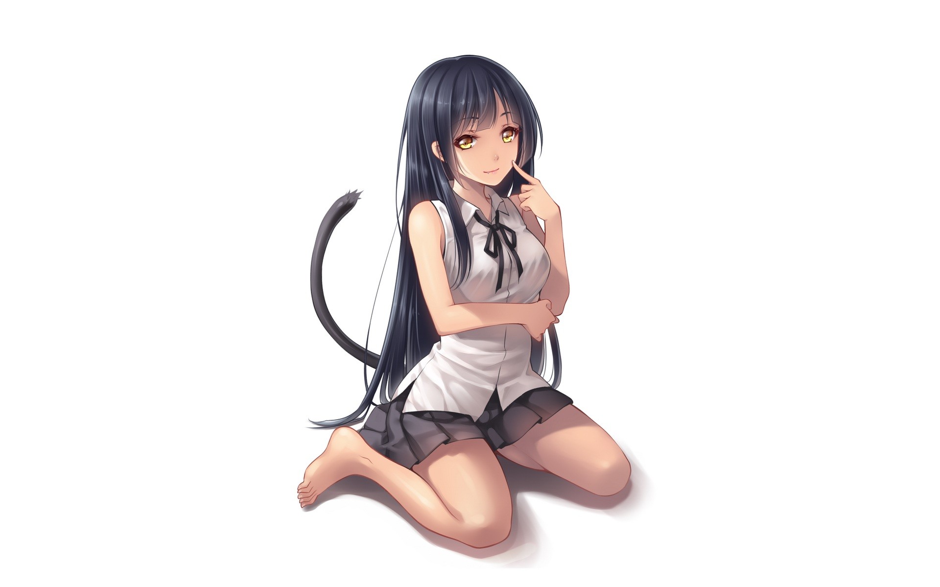 Anime girl with cat tail kneeling HD Wallpaper