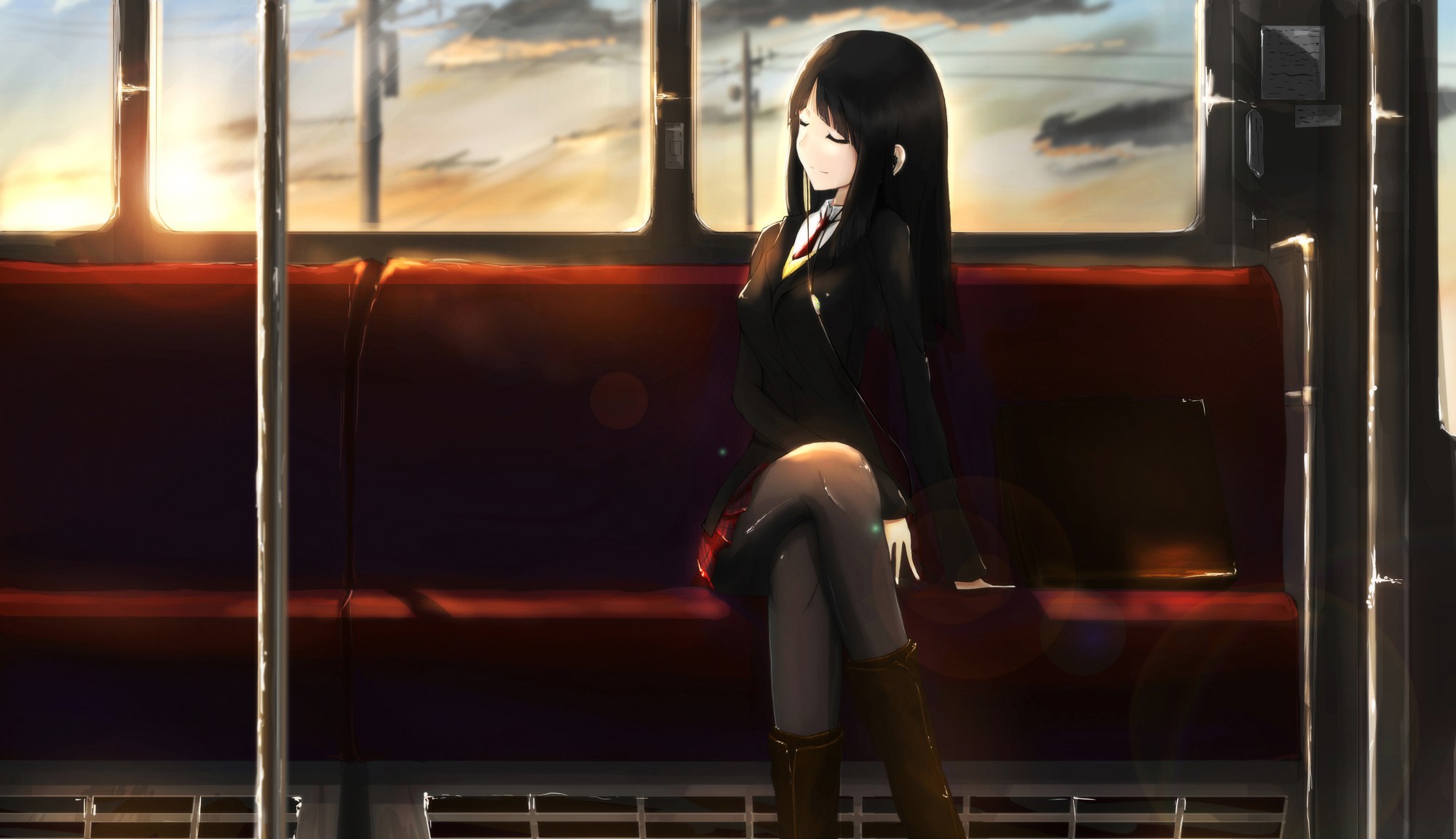 Anime girl sitting on a train during sunset HD Wallpaper