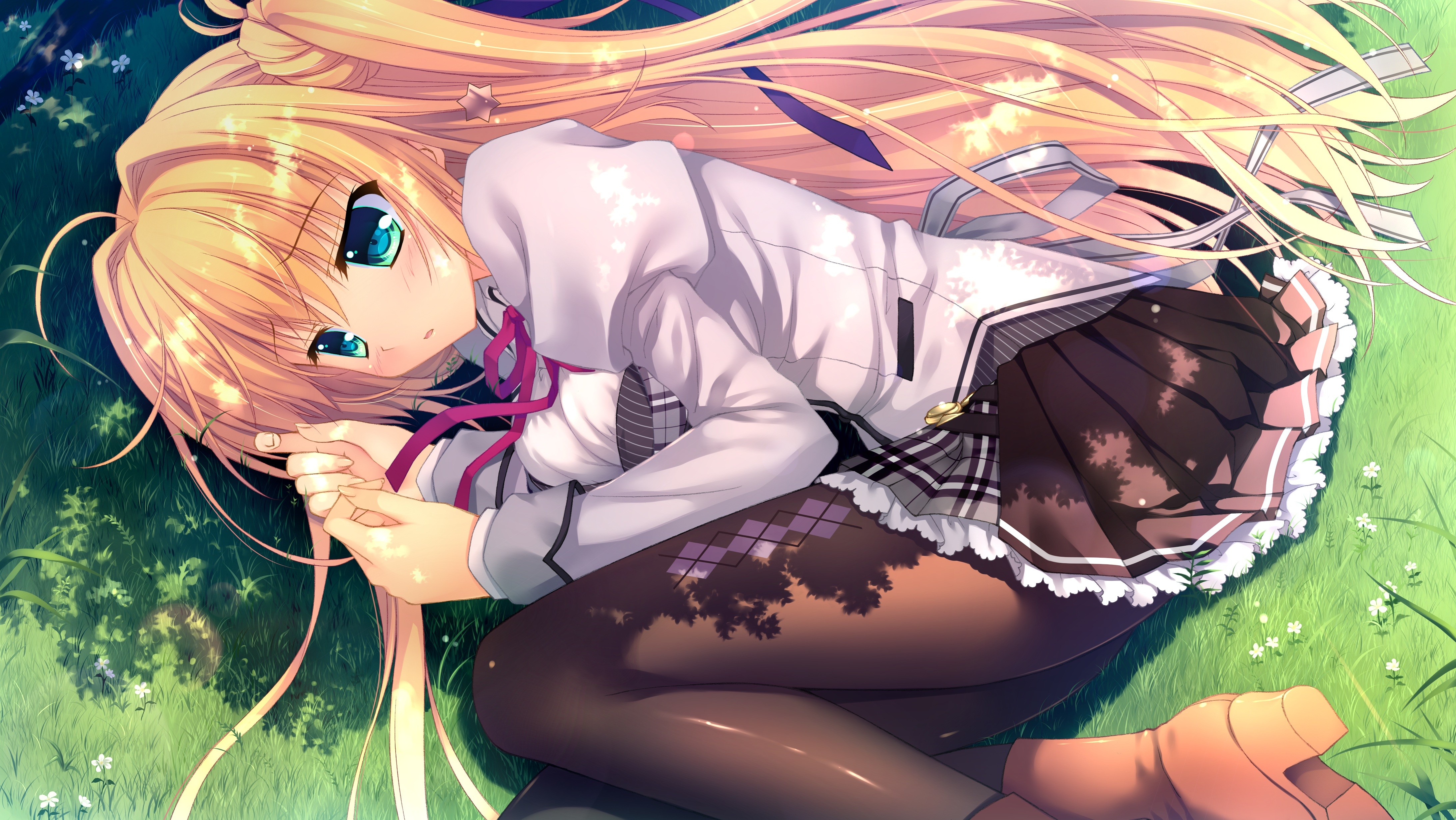 Anime girl with blonde twintails lying in grass HD Wallpaper