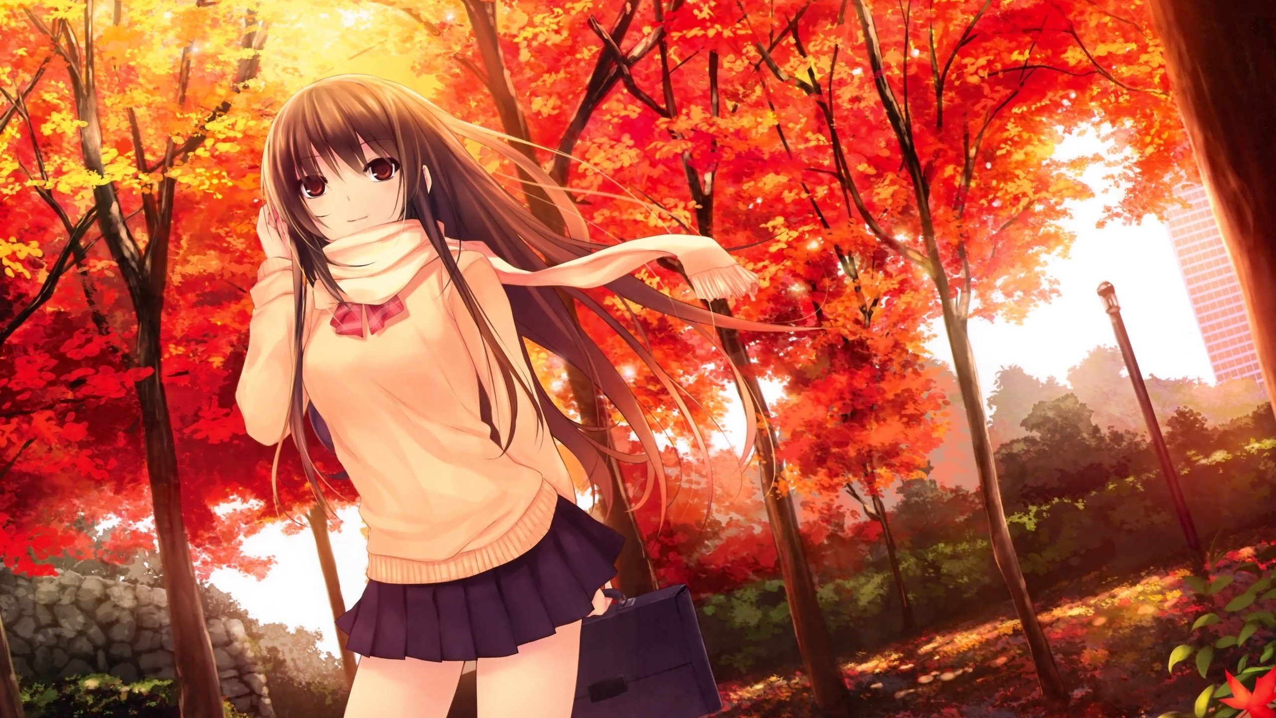 Anime girl with brown hair in autumn park HD Wallpaper