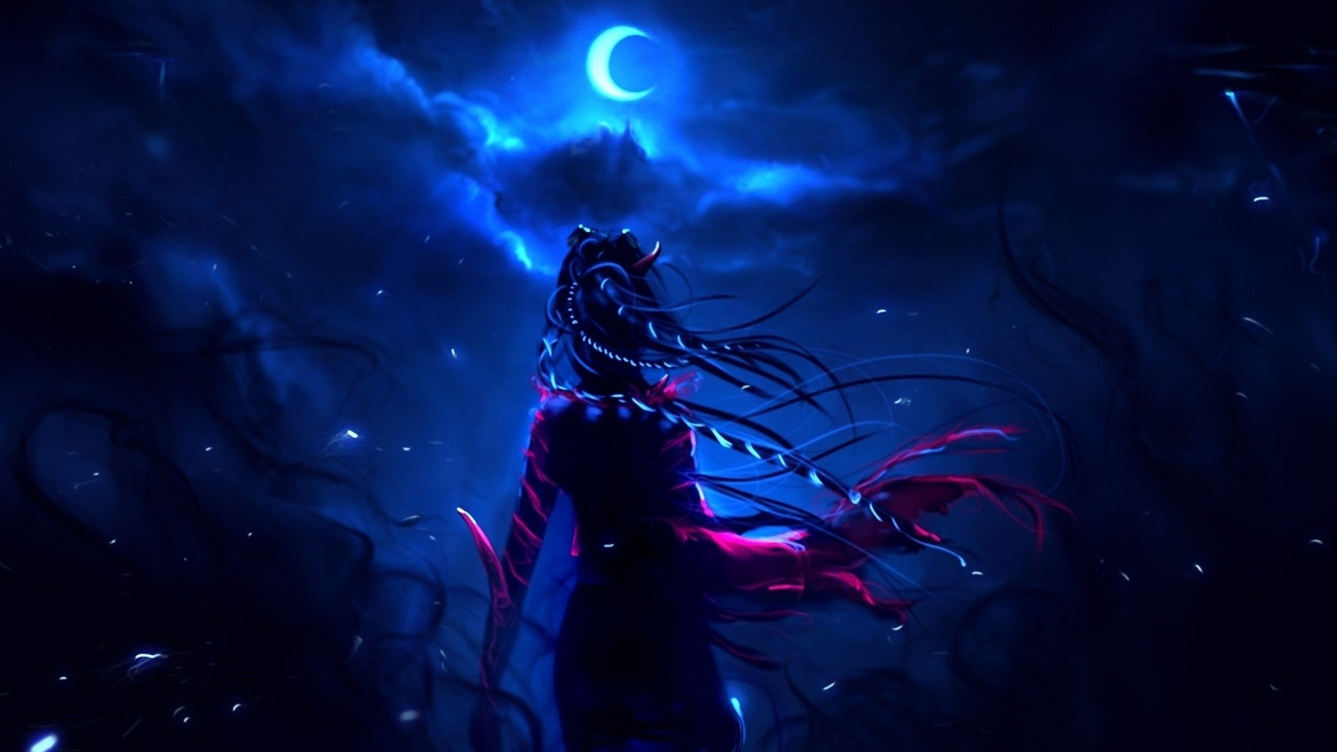 Fantasy girl under a crescent moon HD Wallpaper