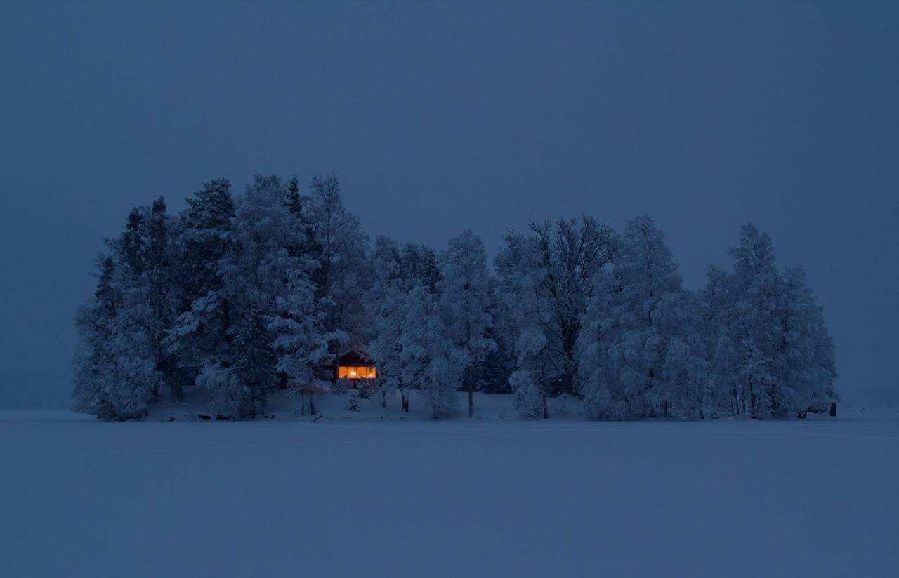 Snowy forest with a lit cabin at dusk HD Wallpaper