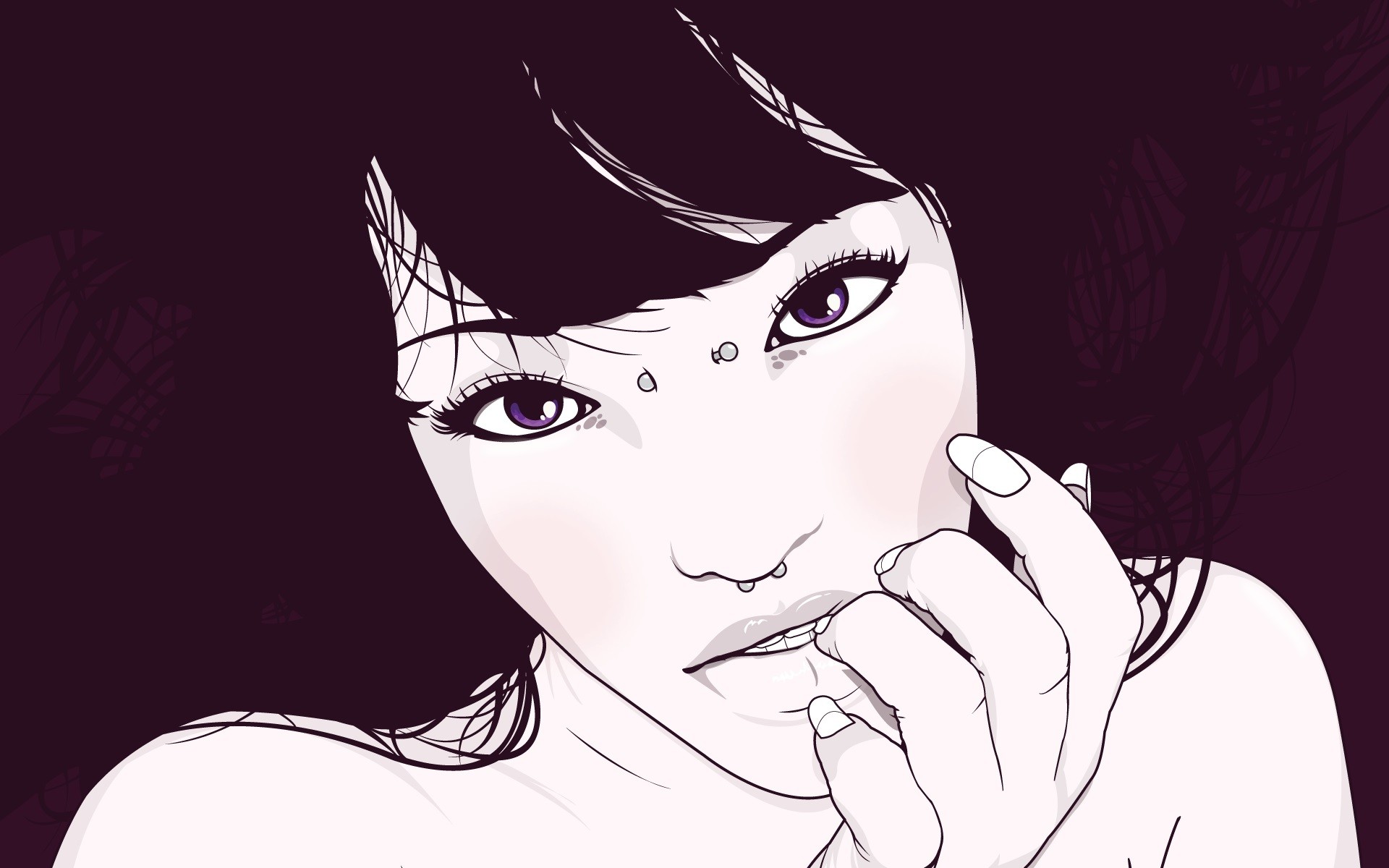 Vector artwork of a woman with purple eyes and piercings HD Wallpaper