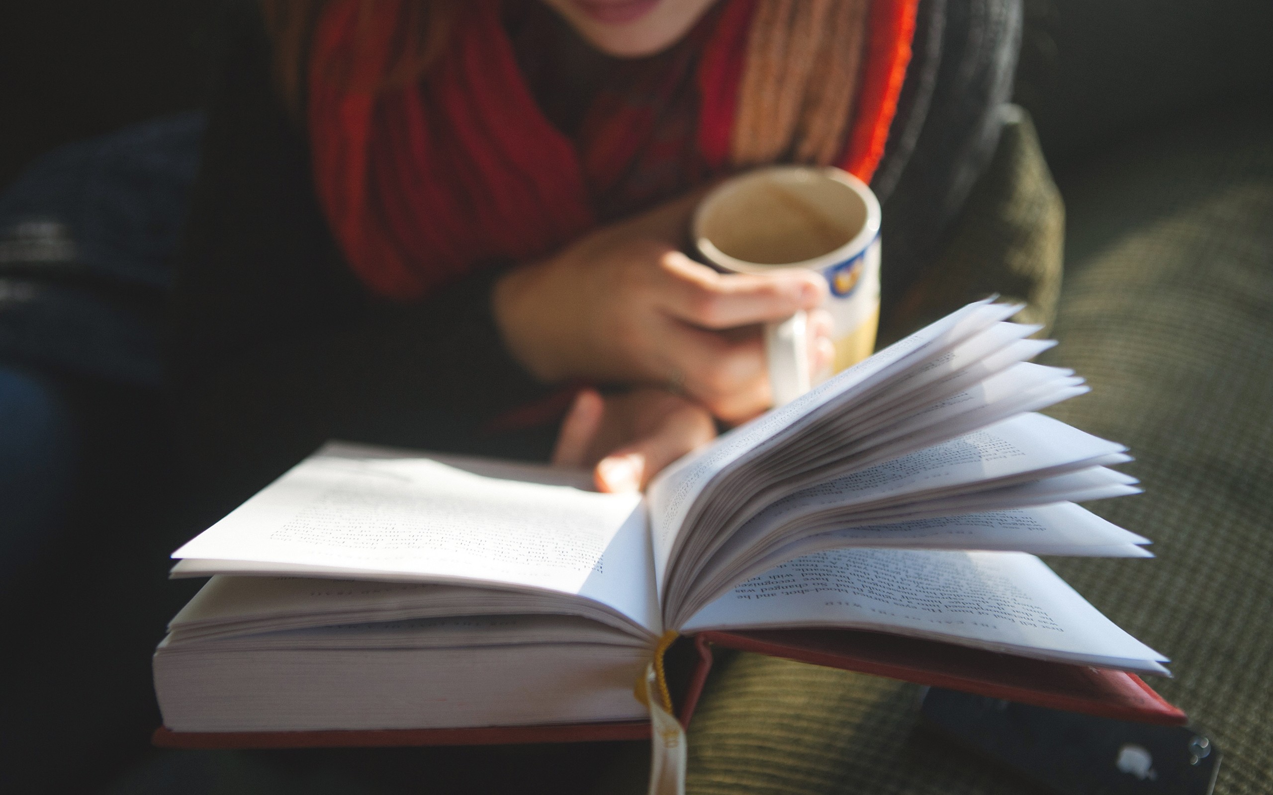 Person reading a book and holding a mug HD Wallpaper