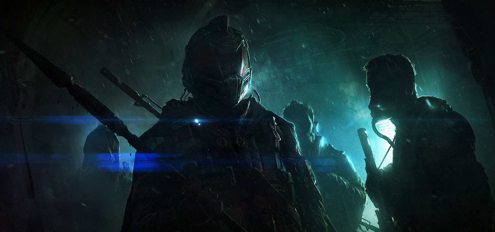 Futuristic warriors in a dark, rainy environment HD Wallpaper
