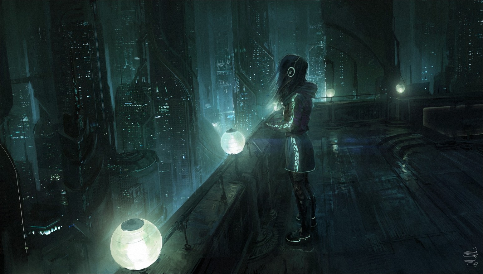 Girl with headphones in a futuristic cityscape HD Wallpaper