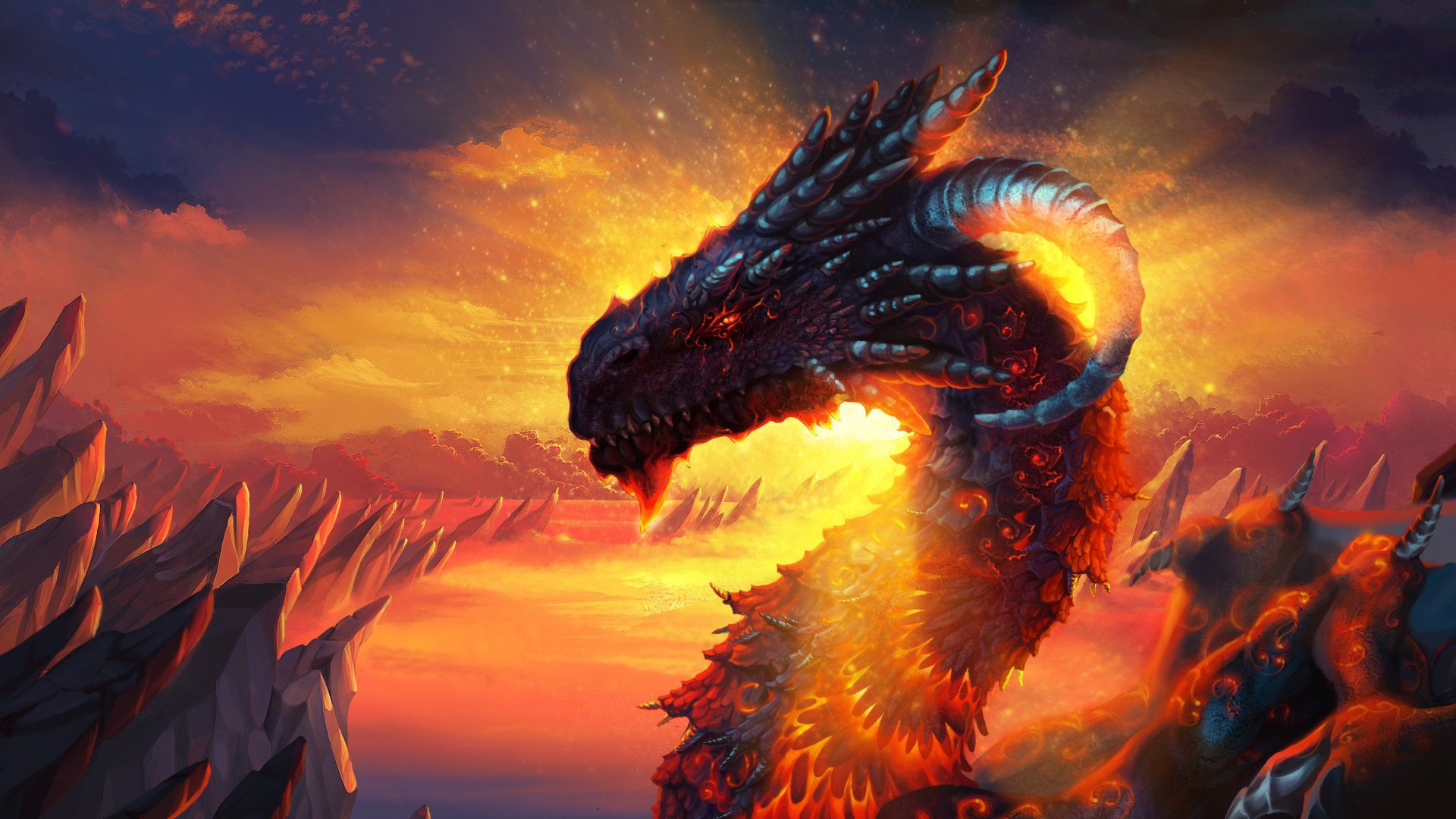 Dragon with glowing horns and scales in a fiery landscape HD Wallpaper