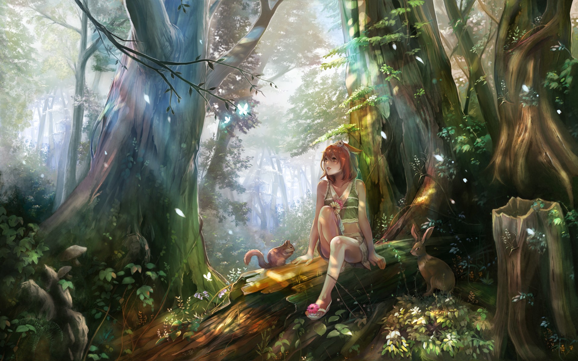 Anime girl with squirrel and rabbit in a forest HD Wallpaper