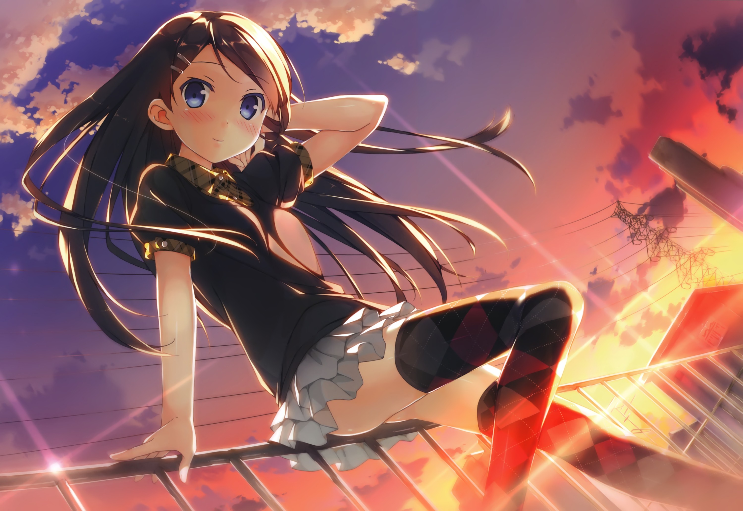Anime girl sitting on a railing at sunset HD Wallpaper