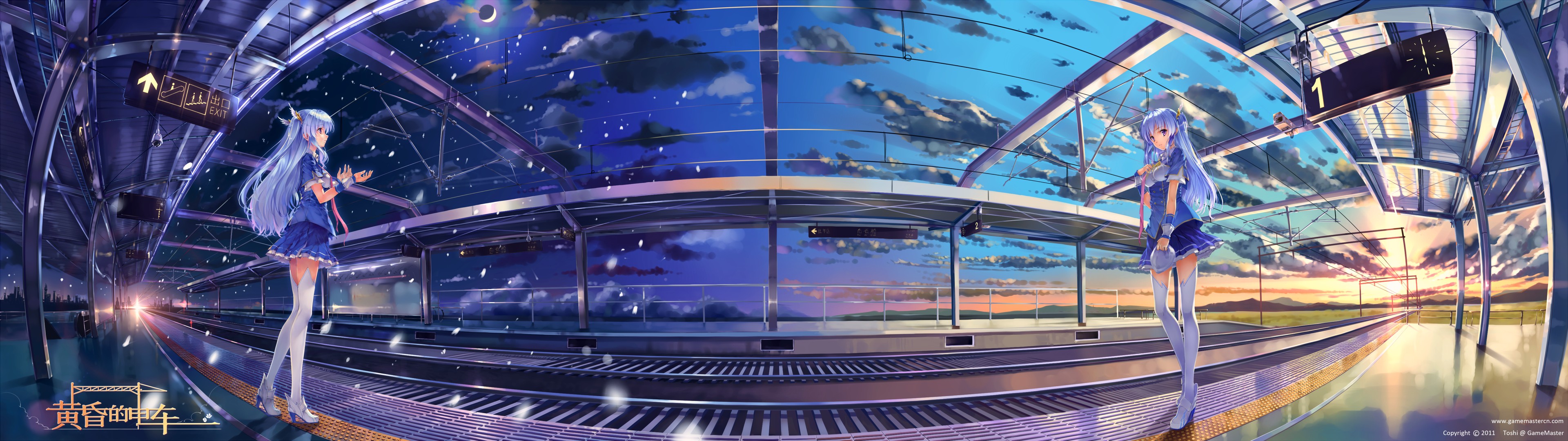 Anime girl on a train platform at sunset and night HD Wallpaper