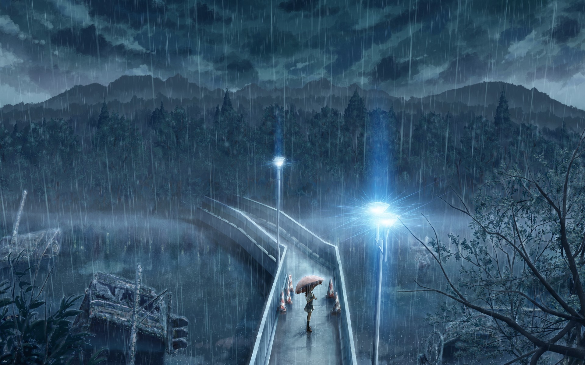 Anime girl with umbrella in the rain HD Wallpaper