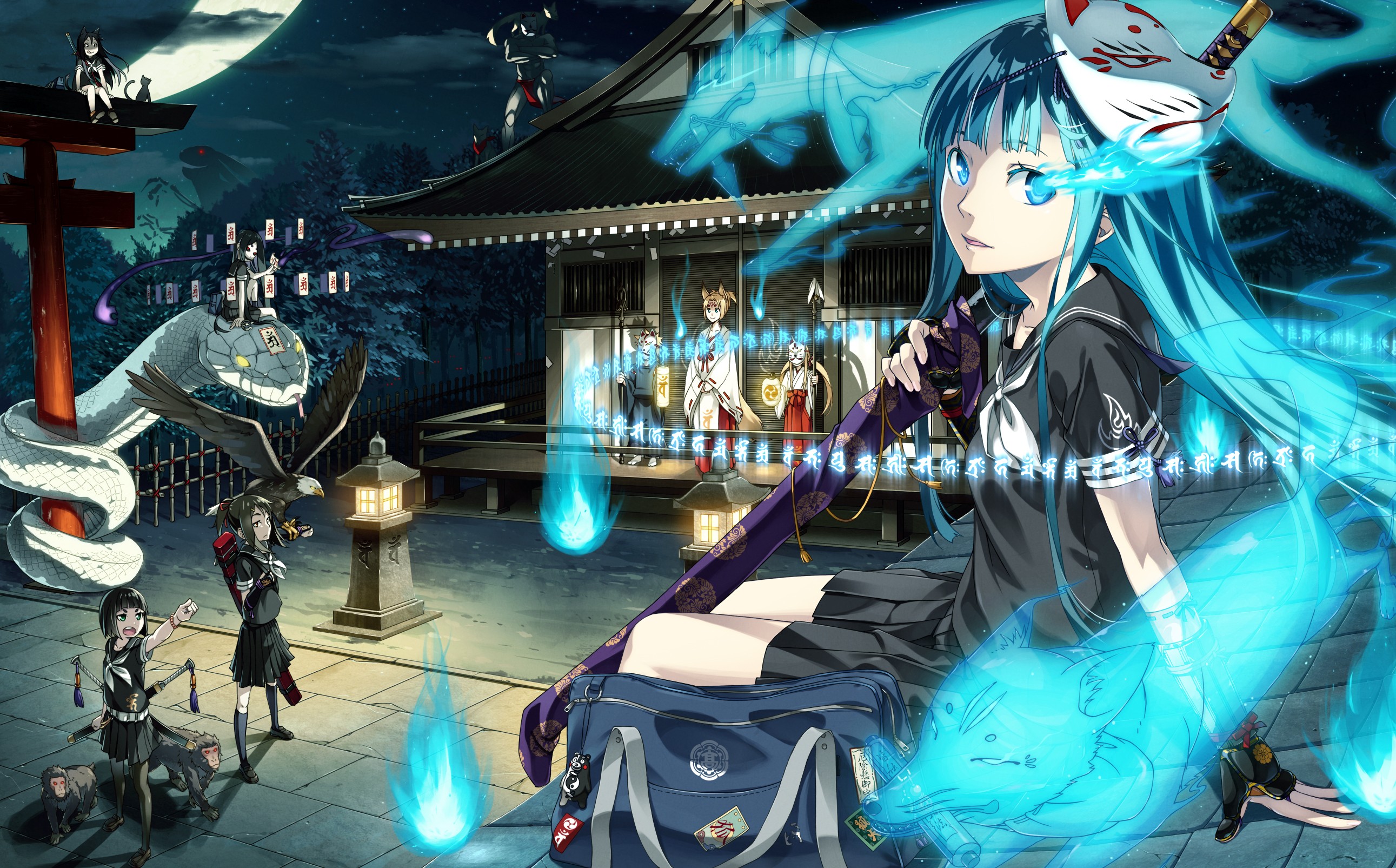 Anime girls with fox spirits at a shrine HD Wallpaper