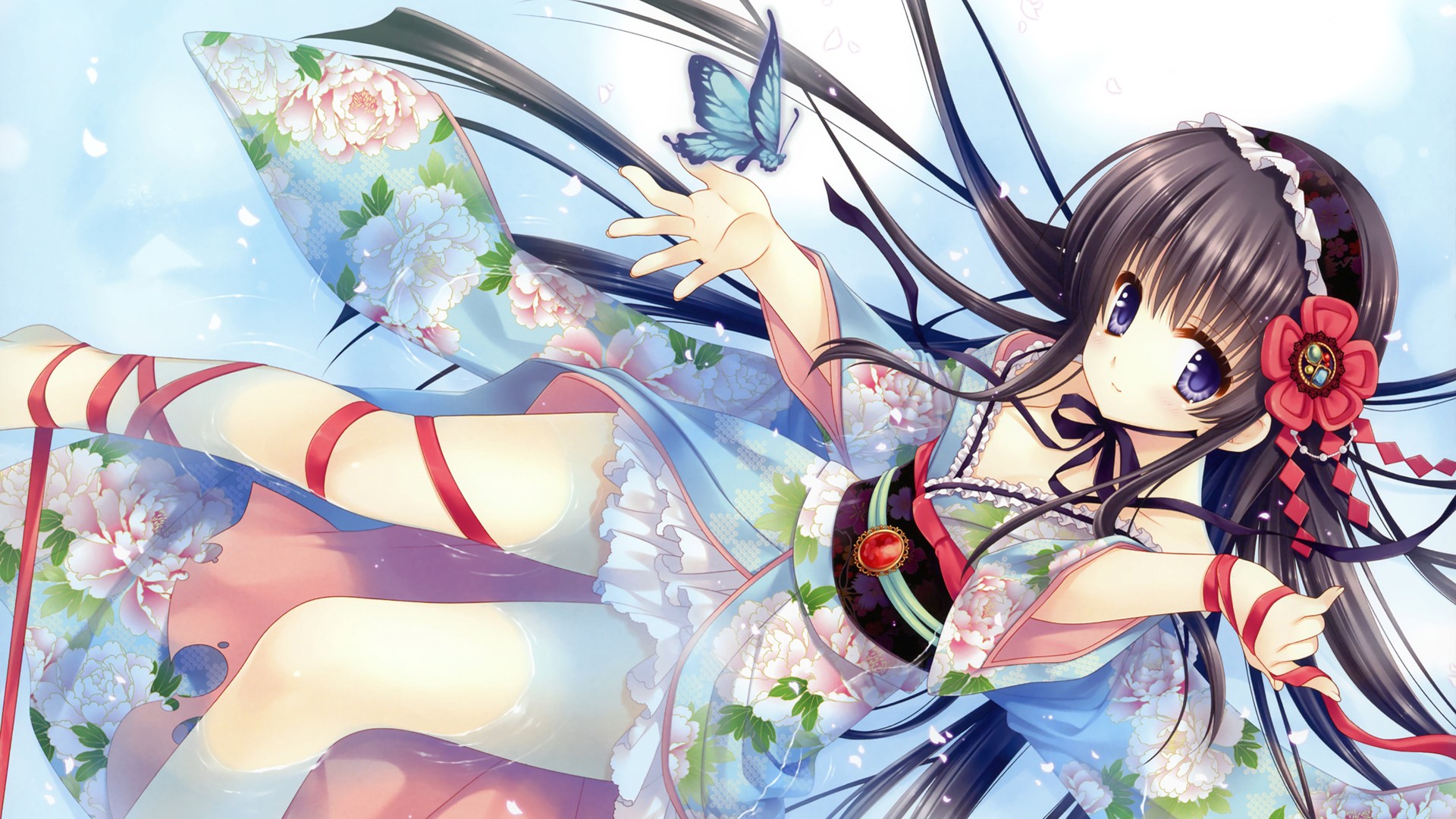 Anime girl in a floral kimono with a butterfly HD Wallpaper