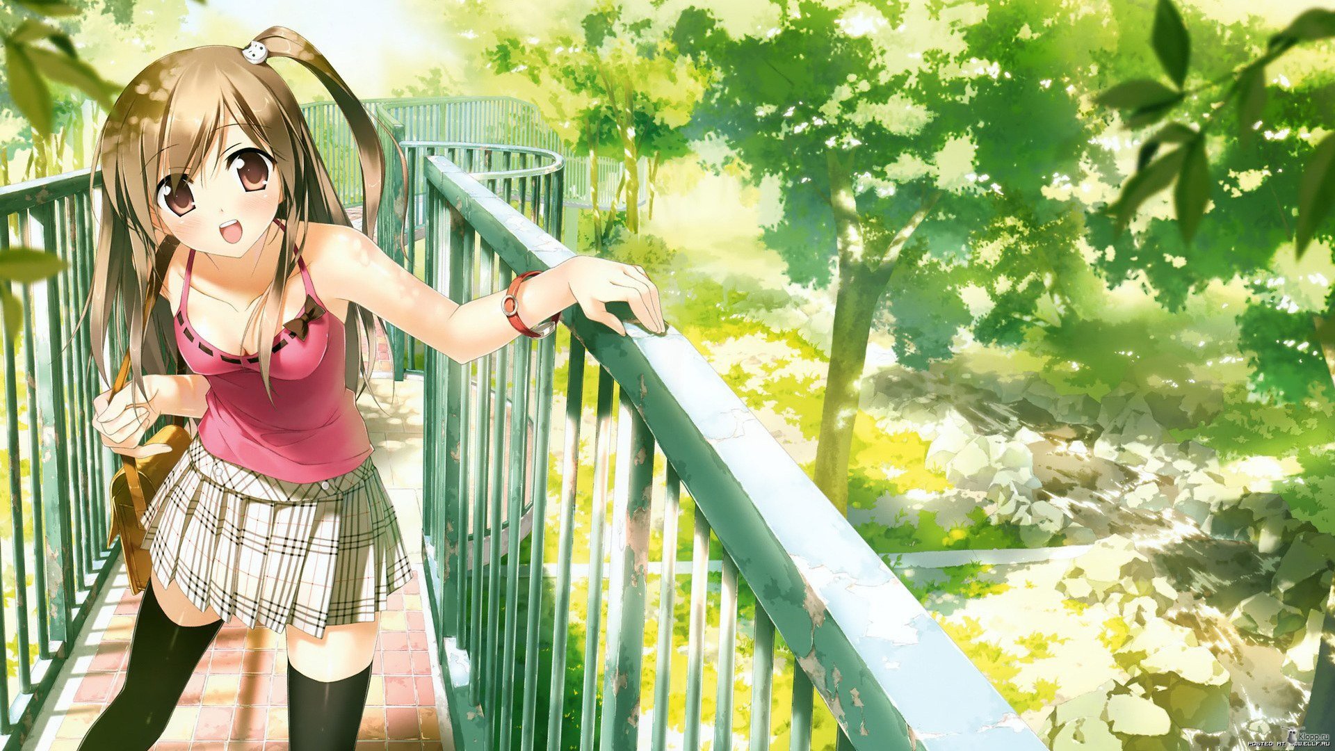 Anime girl with pigtails on a walkway HD Wallpaper