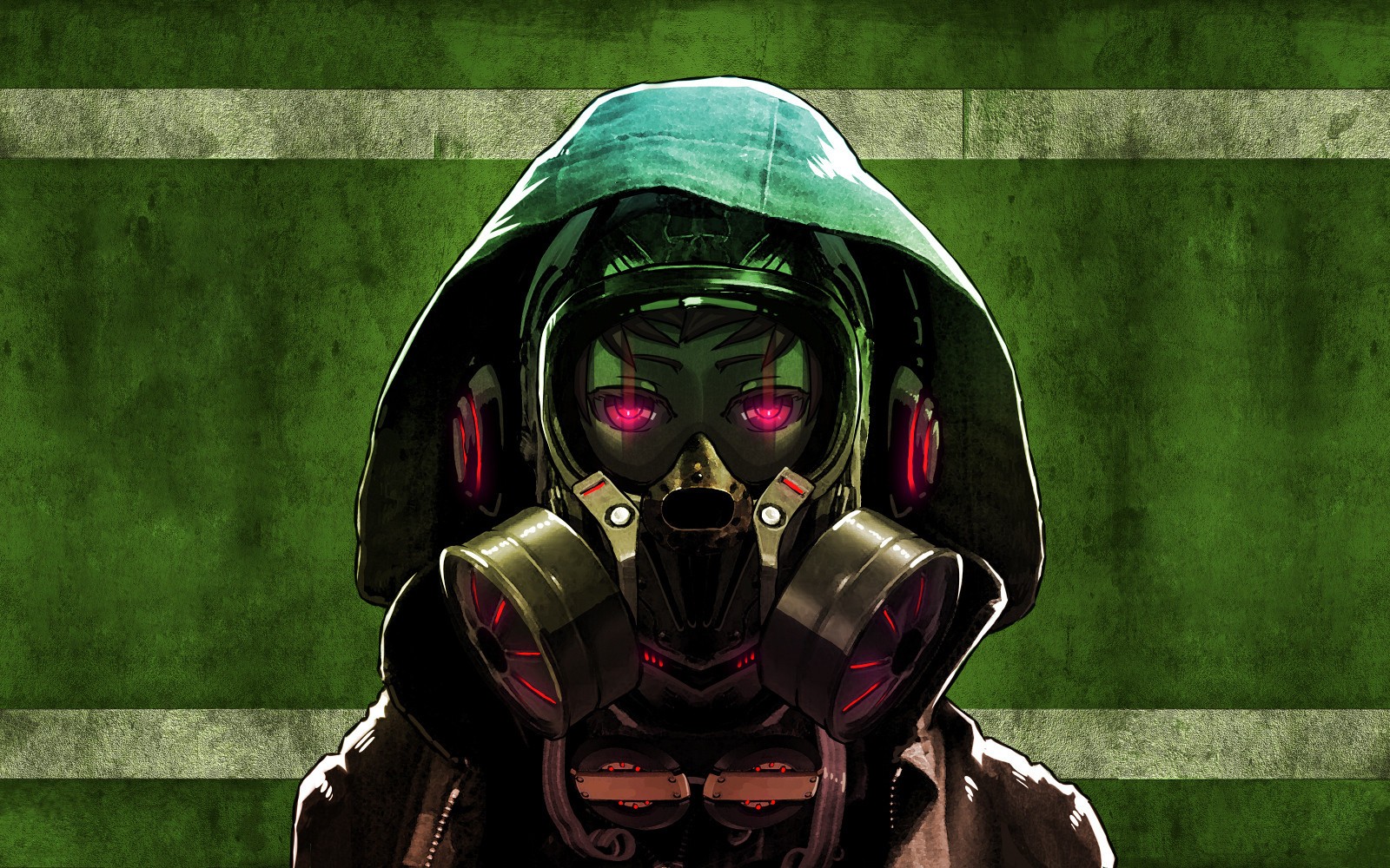 Anime girl with gas mask and headphones HD Wallpaper