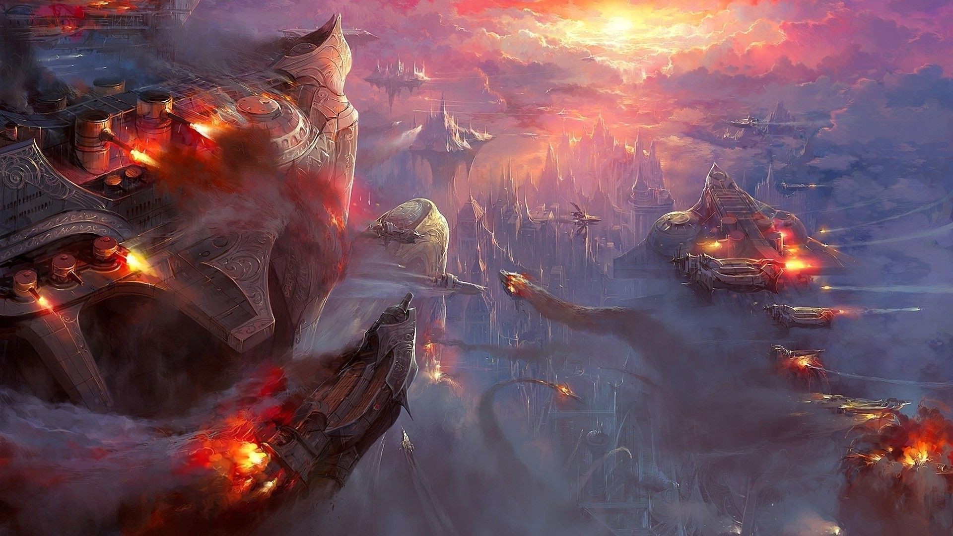 Science fiction concept art of a battle between spaceships HD Wallpaper