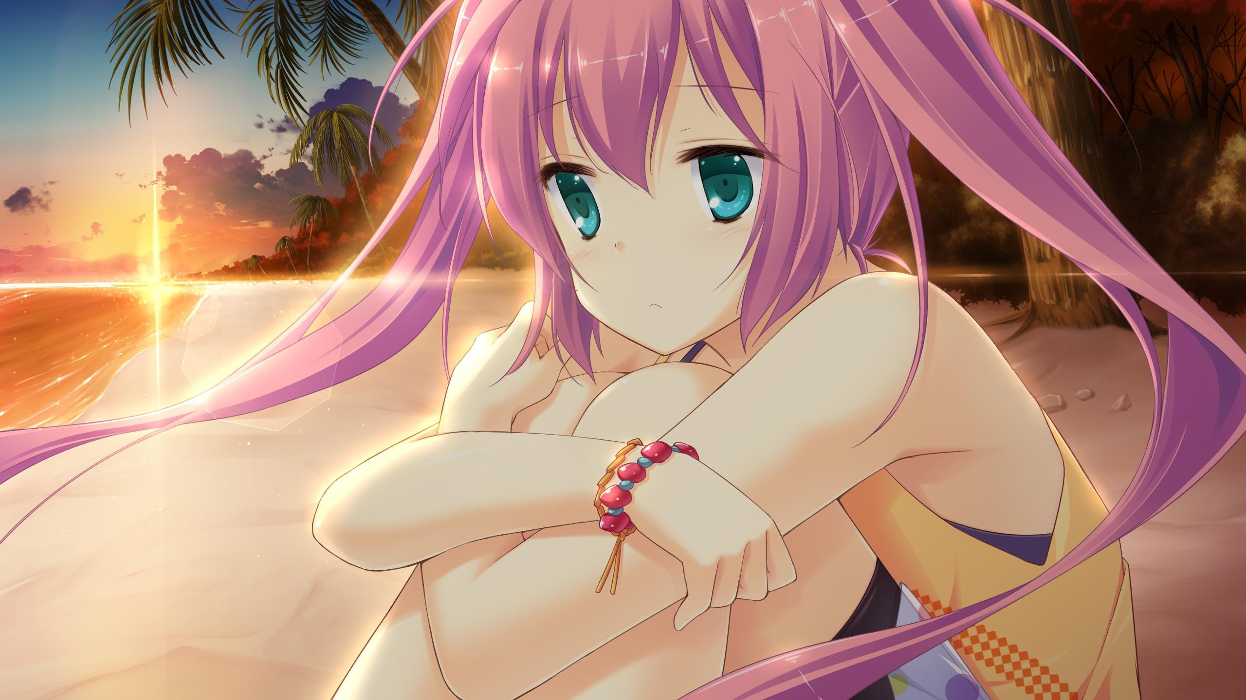 Anime girl with pink hair on a beach at sunset HD Wallpaper