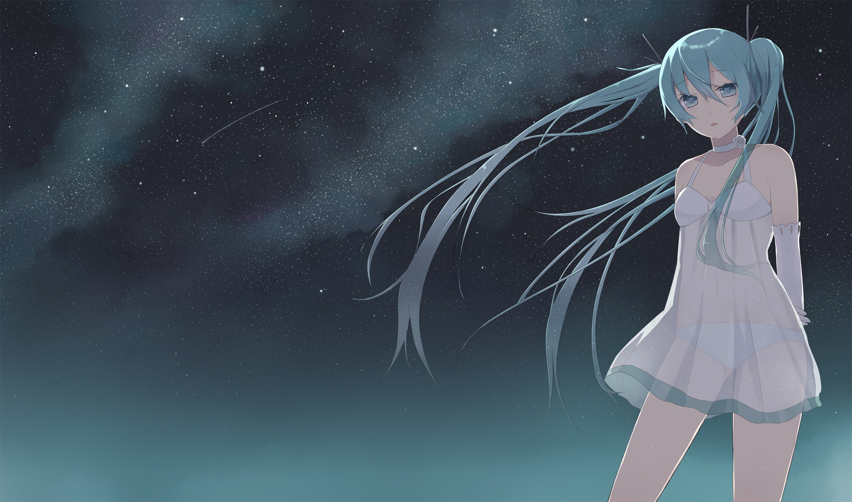 Hatsune Miku standing under a starry night sky HD Wallpaper
