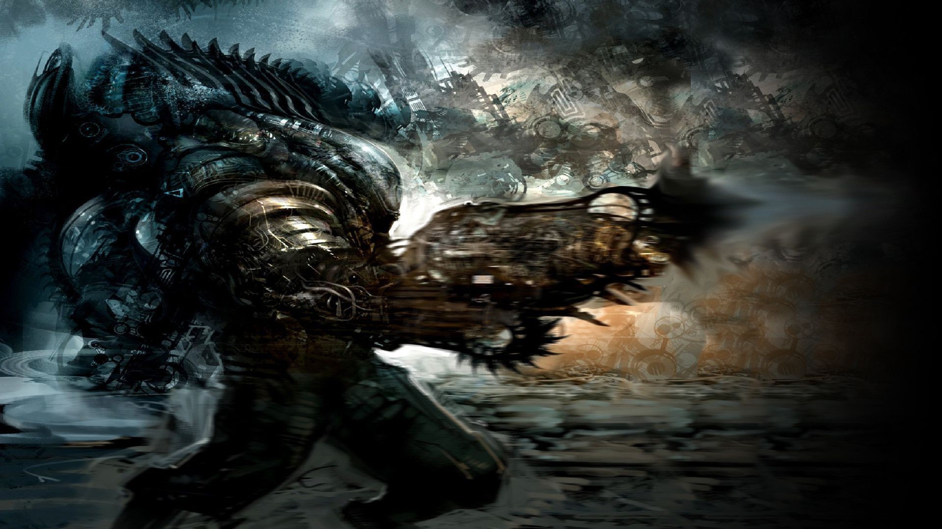 Steampunk robot firing a weapon in a desolate landscape HD Wallpaper