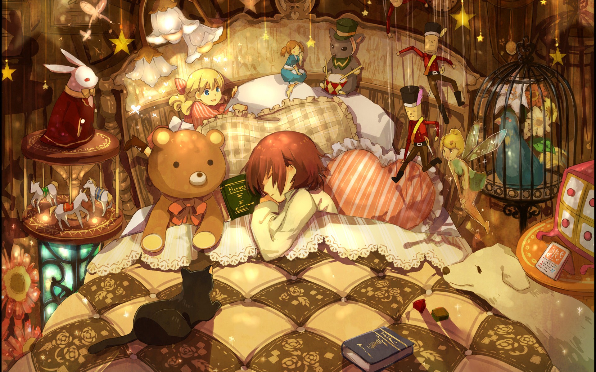 Anime girls and toys in a whimsical bedroom HD Wallpaper