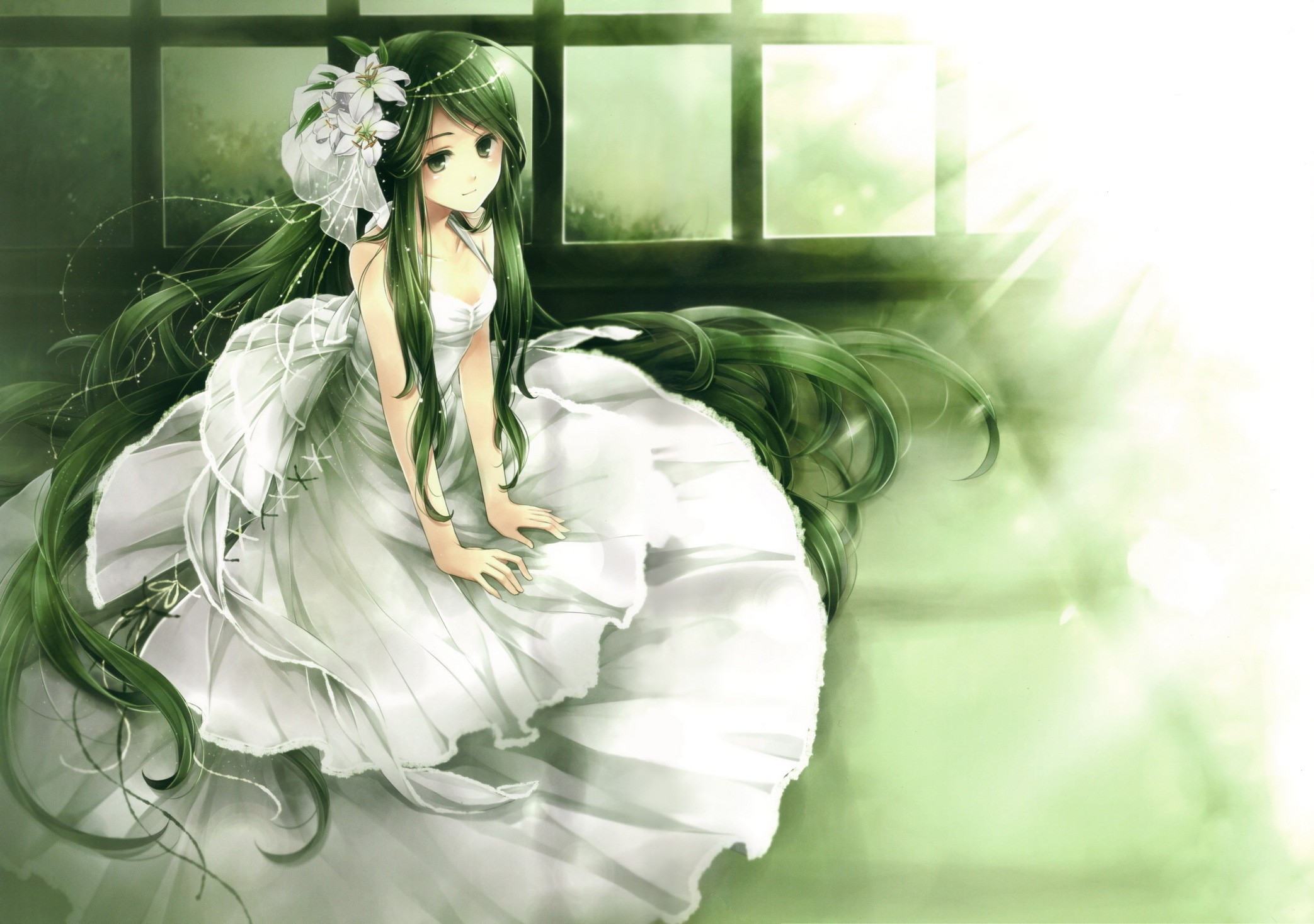 Anime girl with green hair in a white dress HD Wallpaper