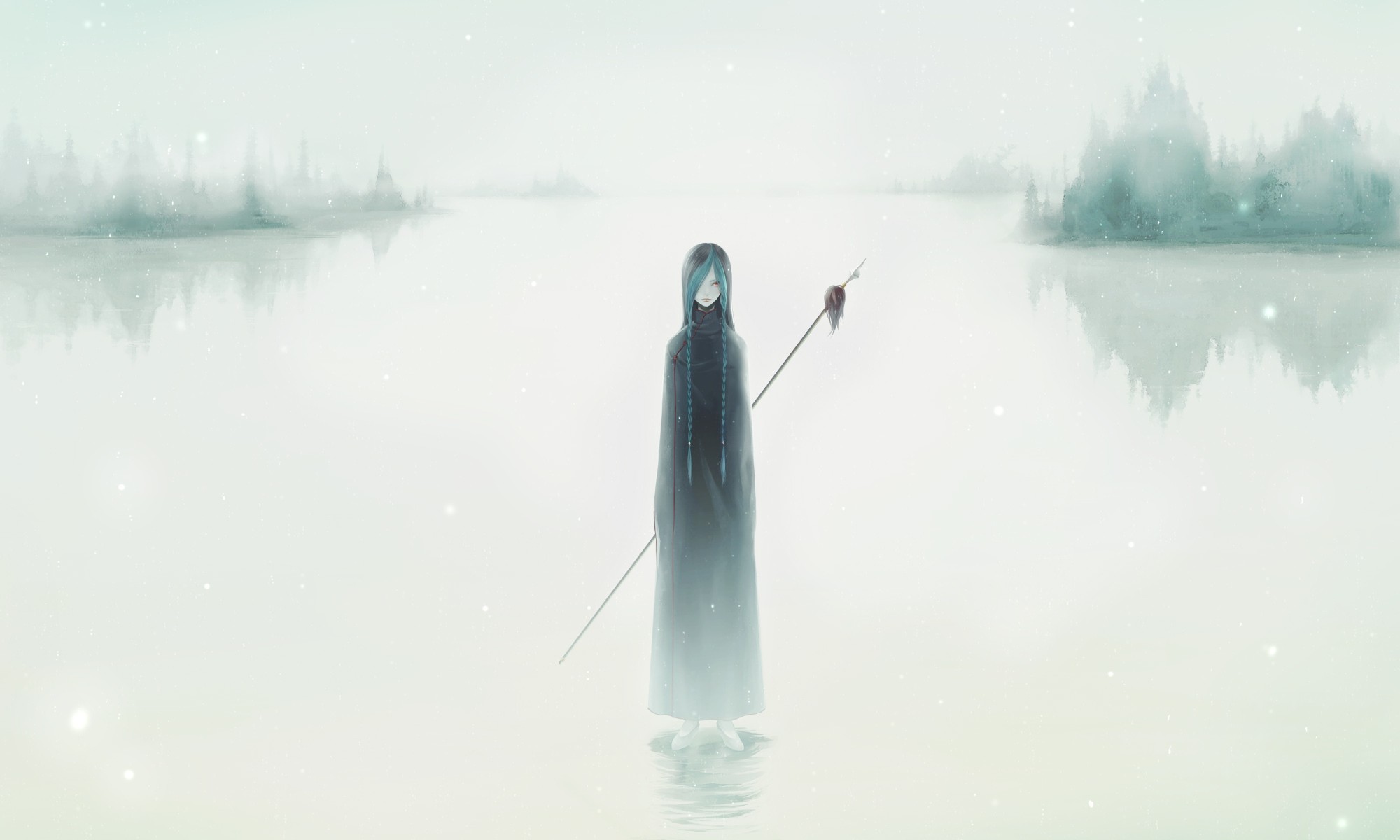Anime girl with a spear in a misty landscape HD Wallpaper