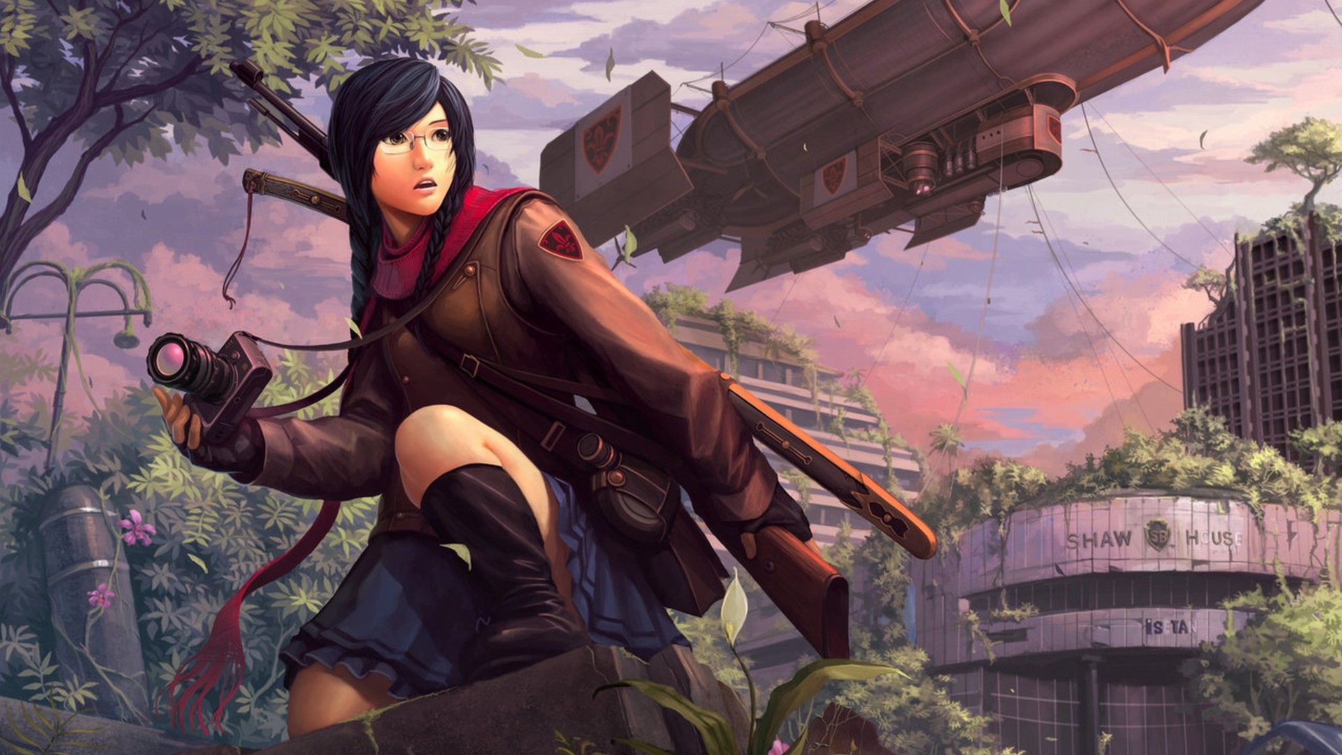 Anime girl with camera and rifle in a ruined city HD Wallpaper