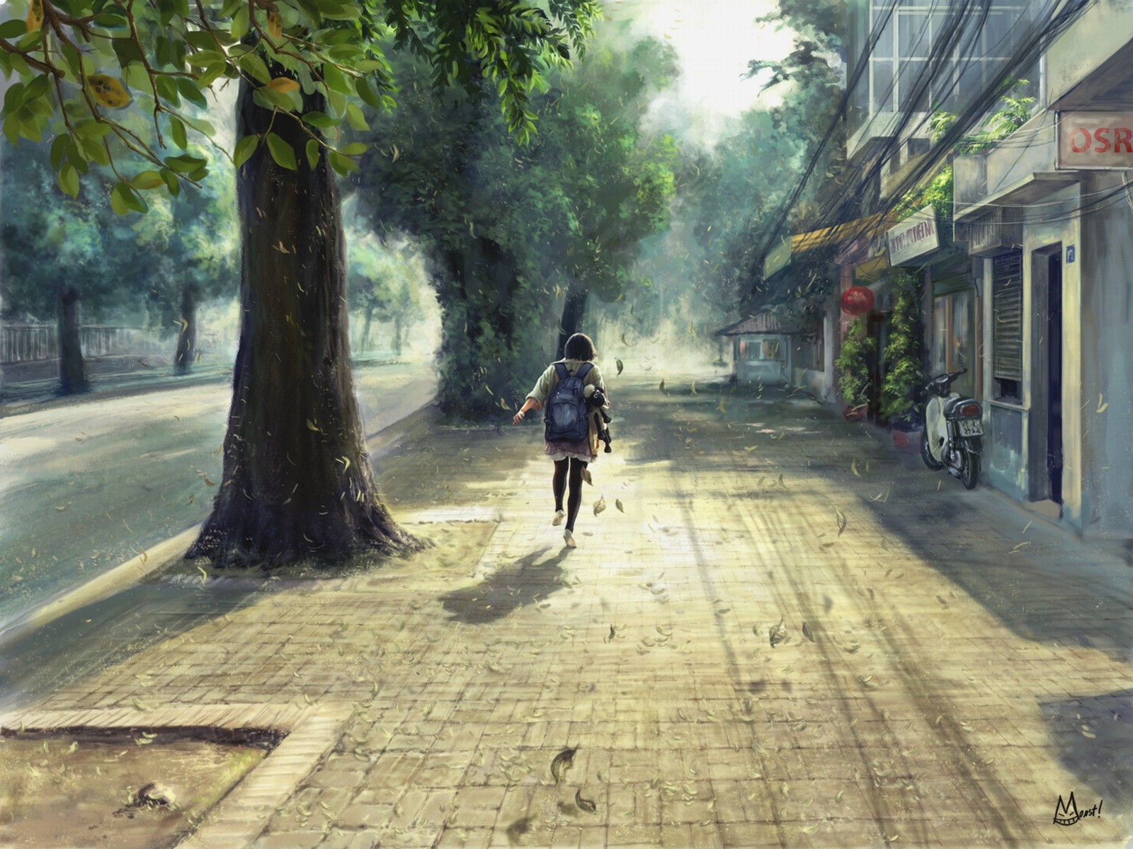 Anime girl walking down a tree-lined street HD Wallpaper