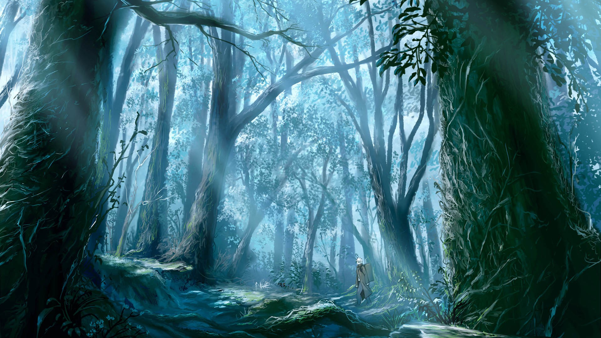 Ginko walks through a misty, ancient forest HD Wallpaper