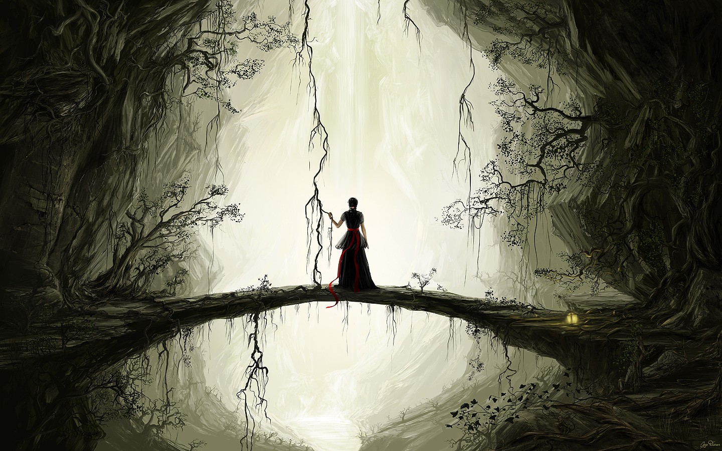 Fantasy girl in a dark forest with light beams HD Wallpaper