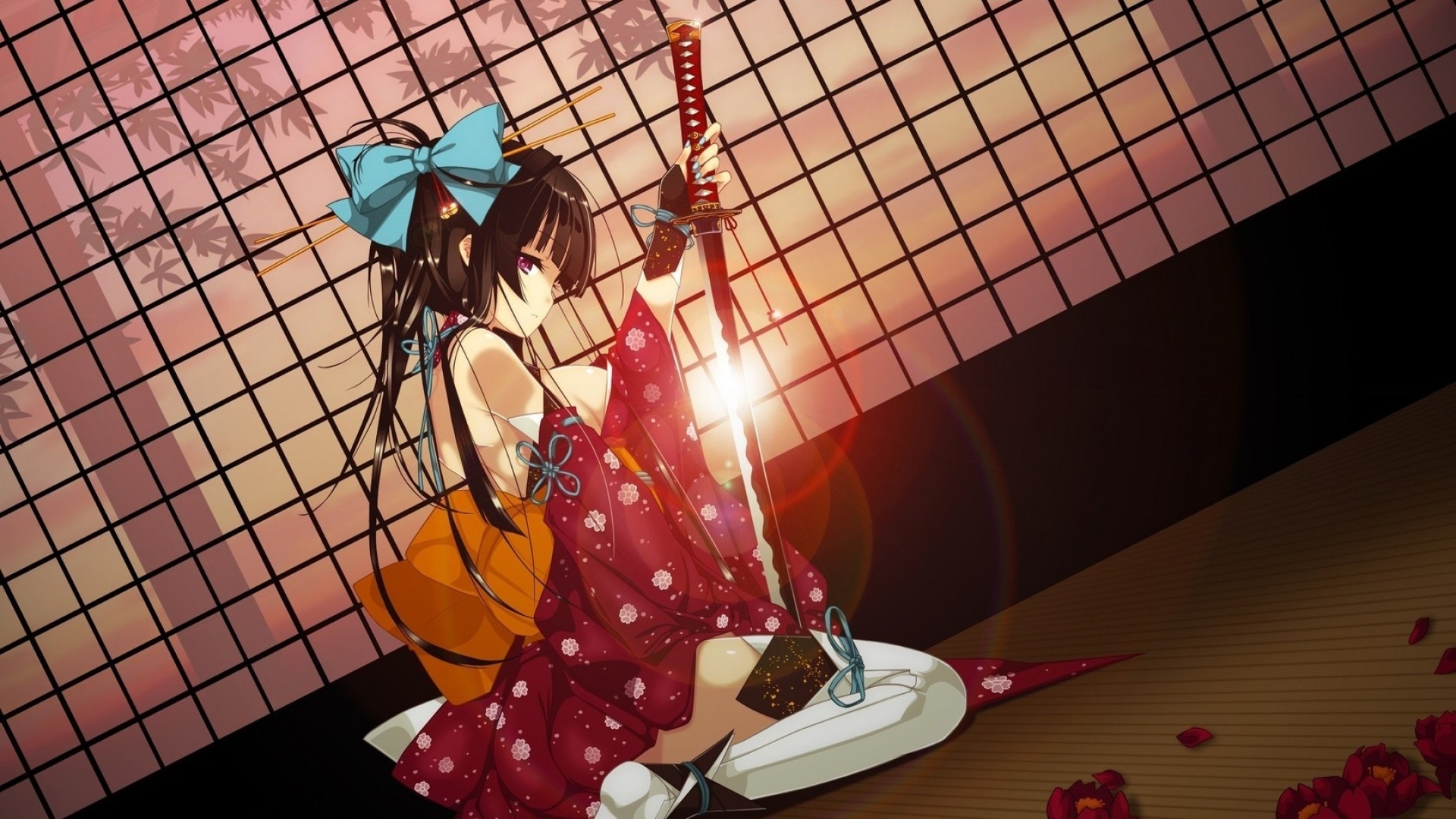 Anime girl in kimono holding a katana HD Wallpaper