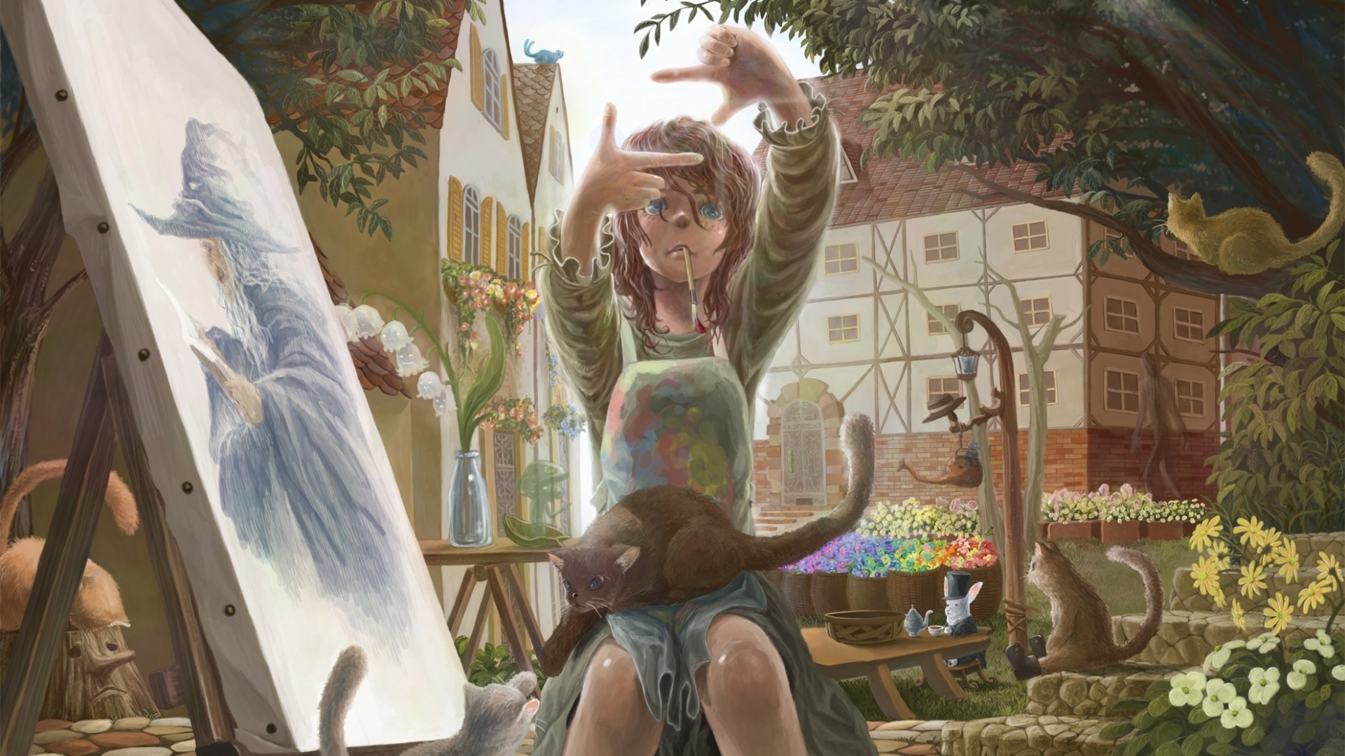 Girl painting a wizard with cats around her HD Wallpaper